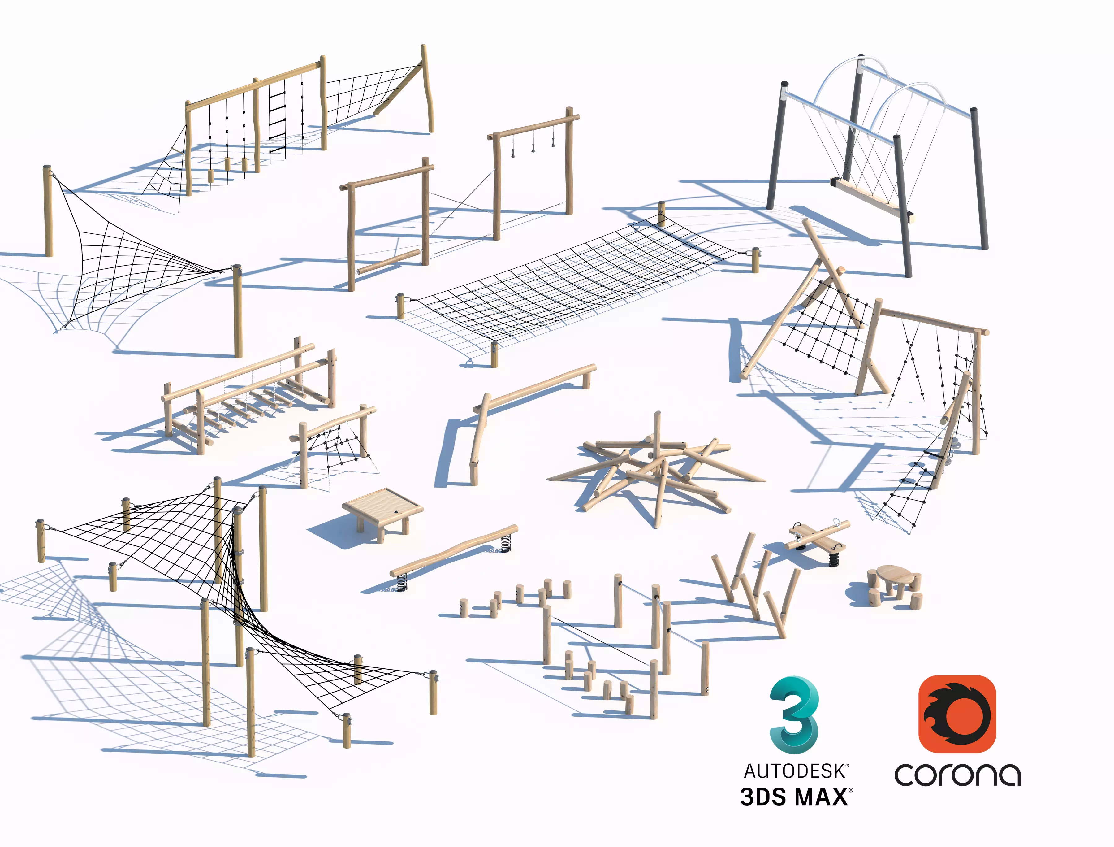 Wooden Climbing Nets and Playground Structures Set 3D model_0