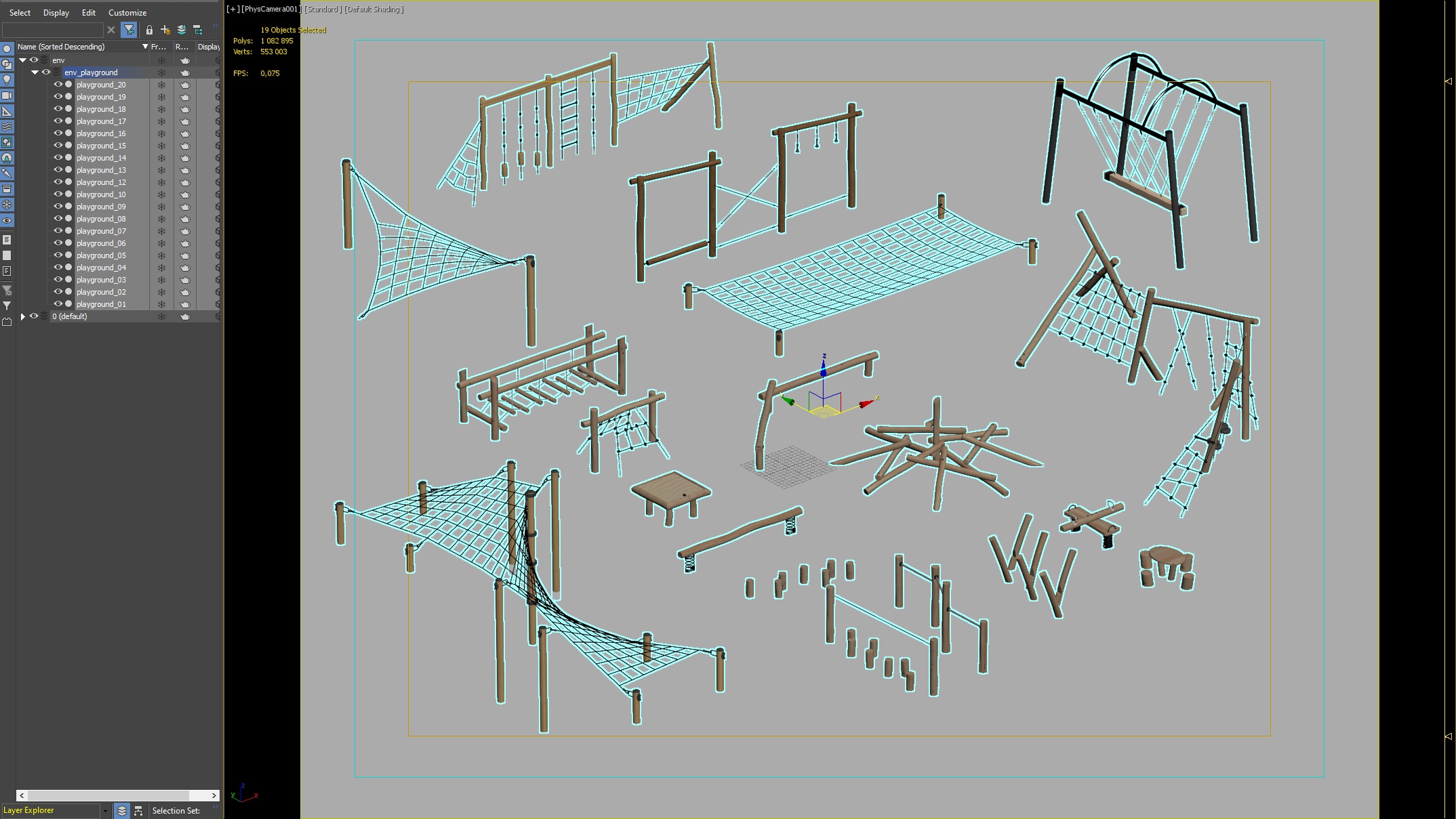 Wooden Climbing Nets and Playground Structures Set 3D model_1