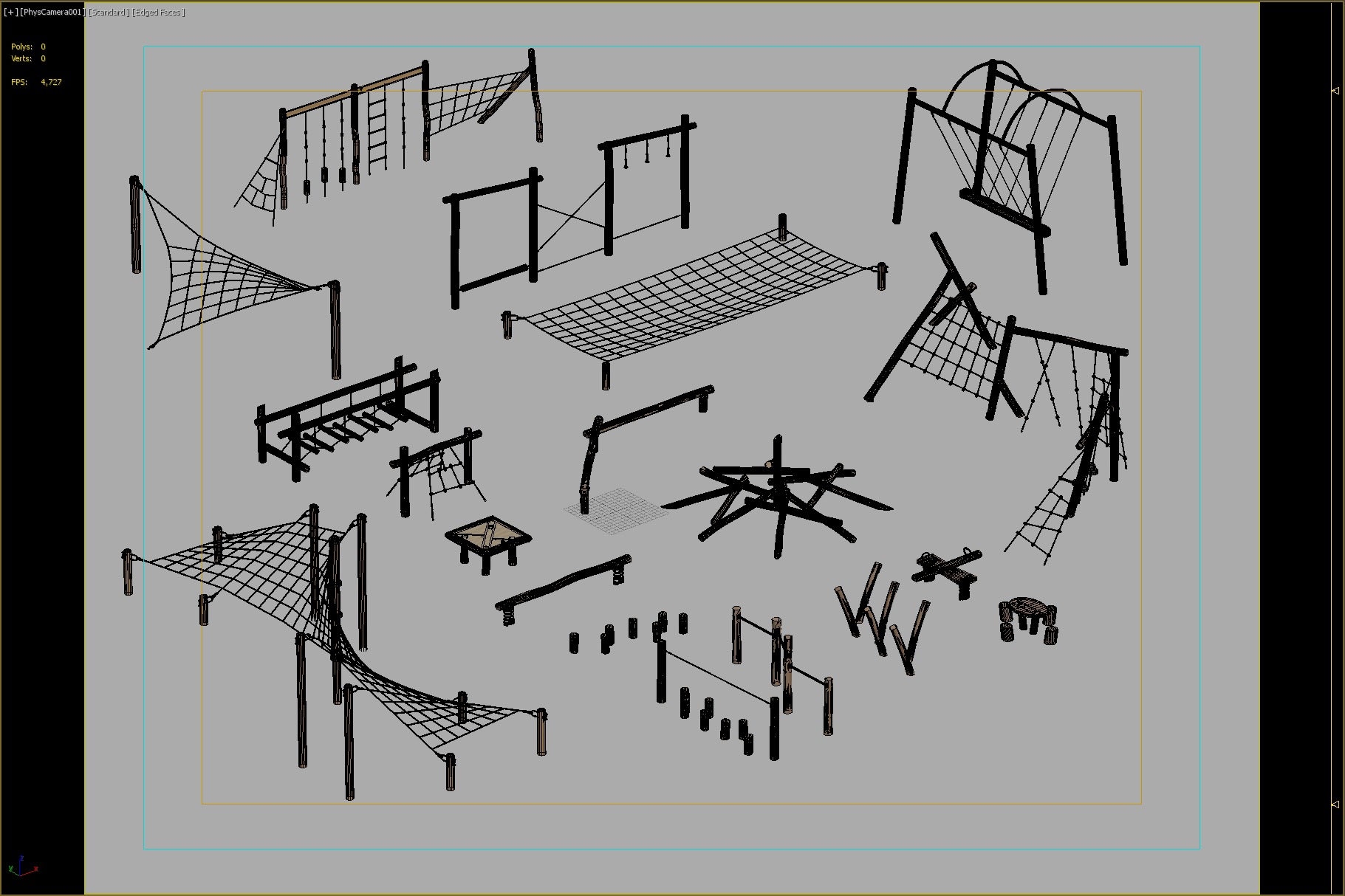 Wooden Climbing Nets and Playground Structures Set 3D model_2