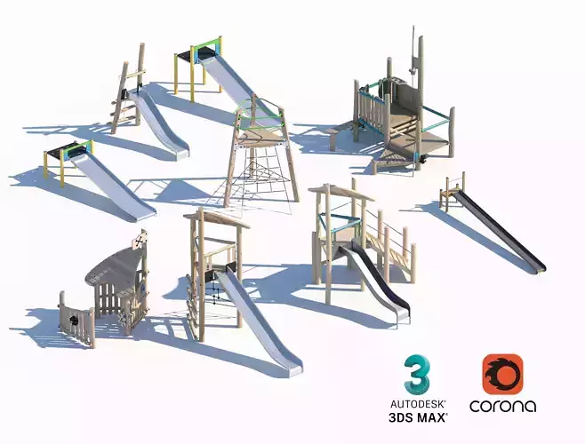 Wooden Slide Playgrounds Set for Outdoor Areas