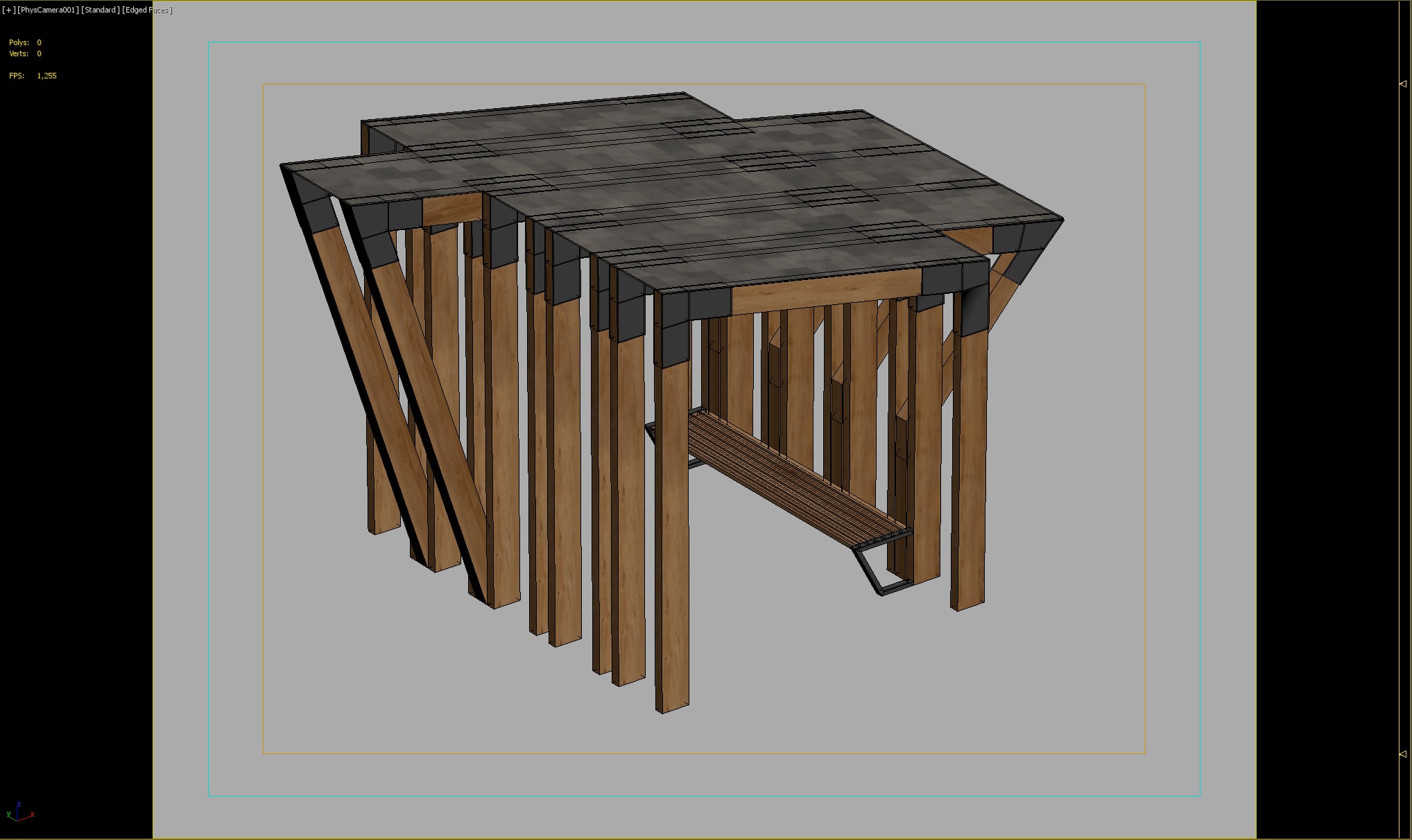 Contemporary Wooden Pergola with Bench 3D model_3