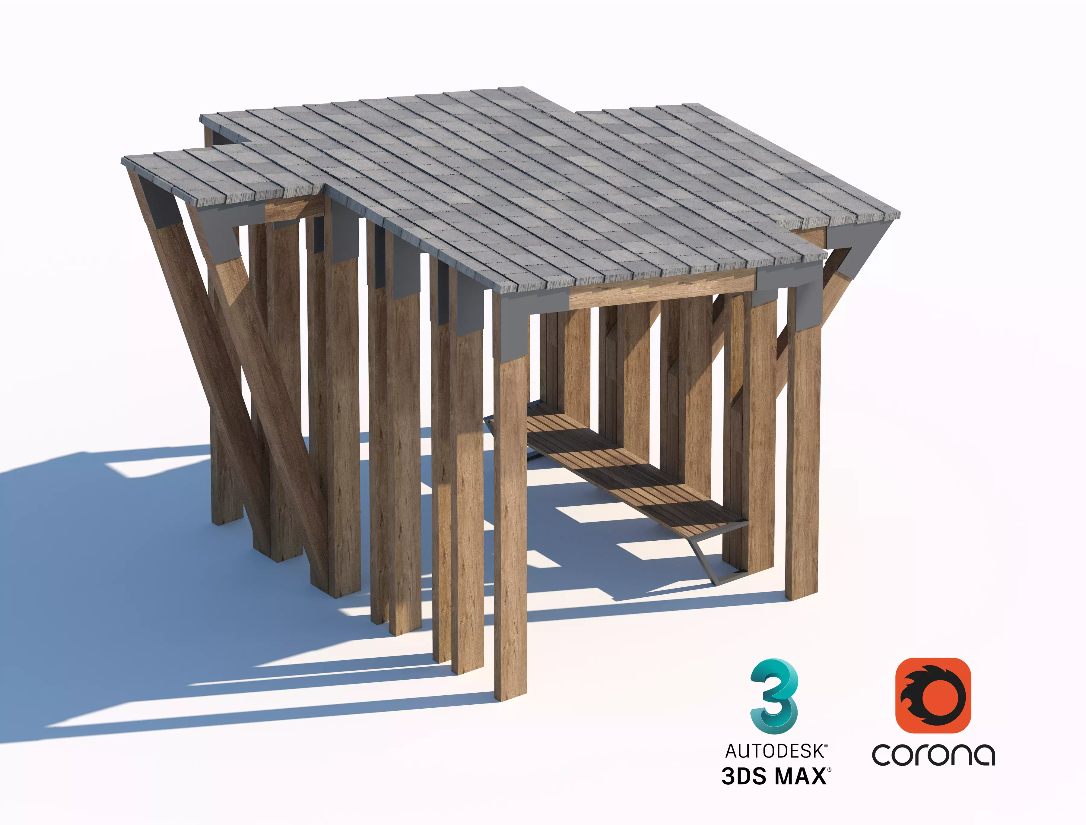 Contemporary Wooden Pergola with Bench 3D model_0