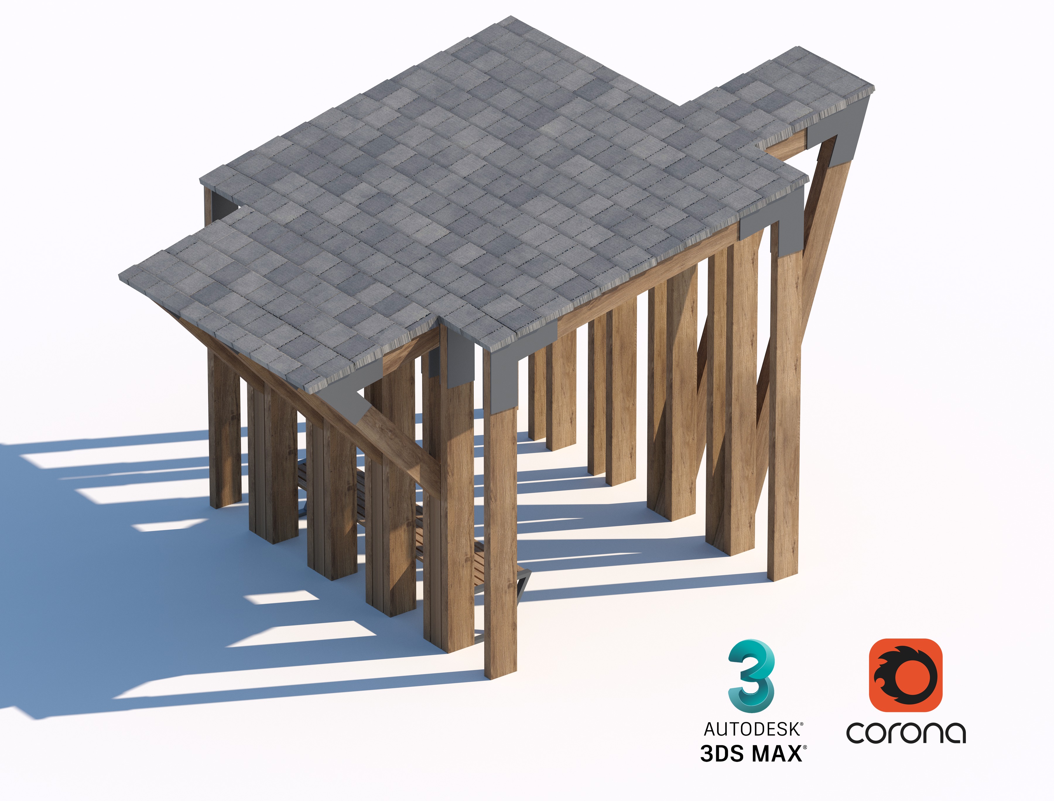 Contemporary Wooden Pergola with Bench 3D model_1