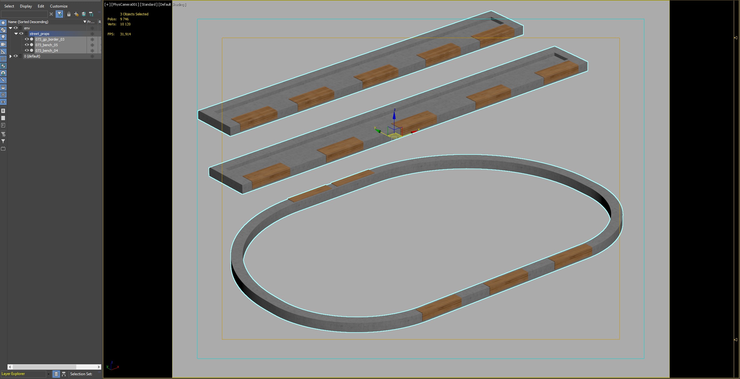 Concrete Bench Set with Integrated Wooden Seating 3D model_2