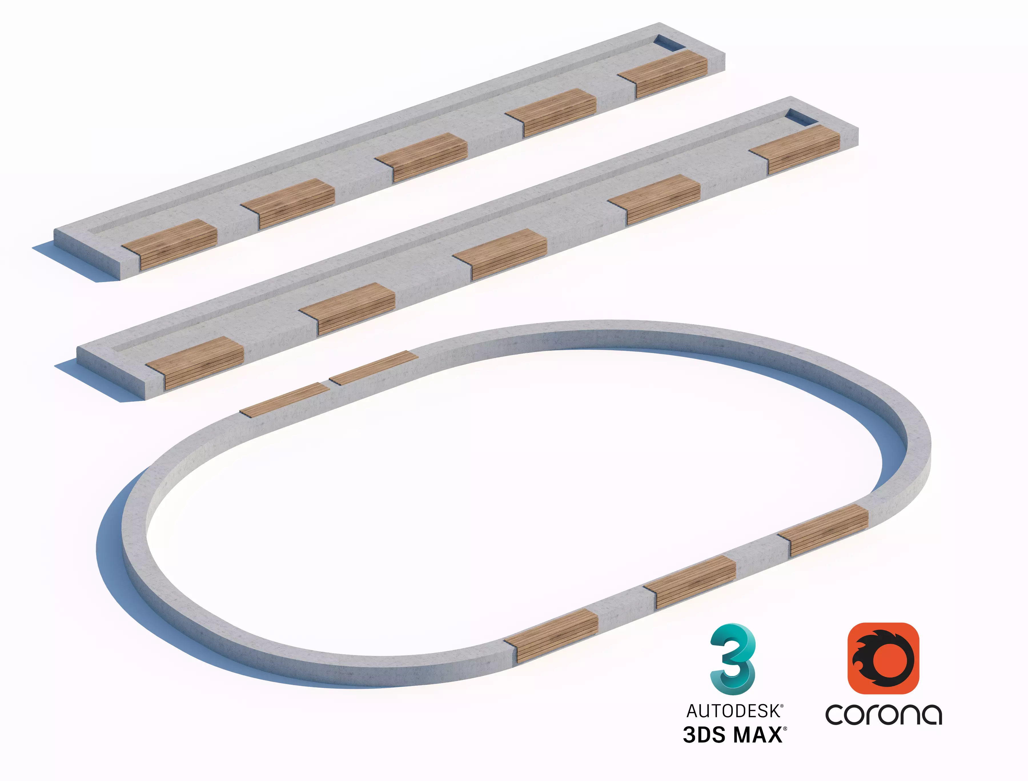Concrete Bench Set with Integrated Wooden Seating 3D model_0