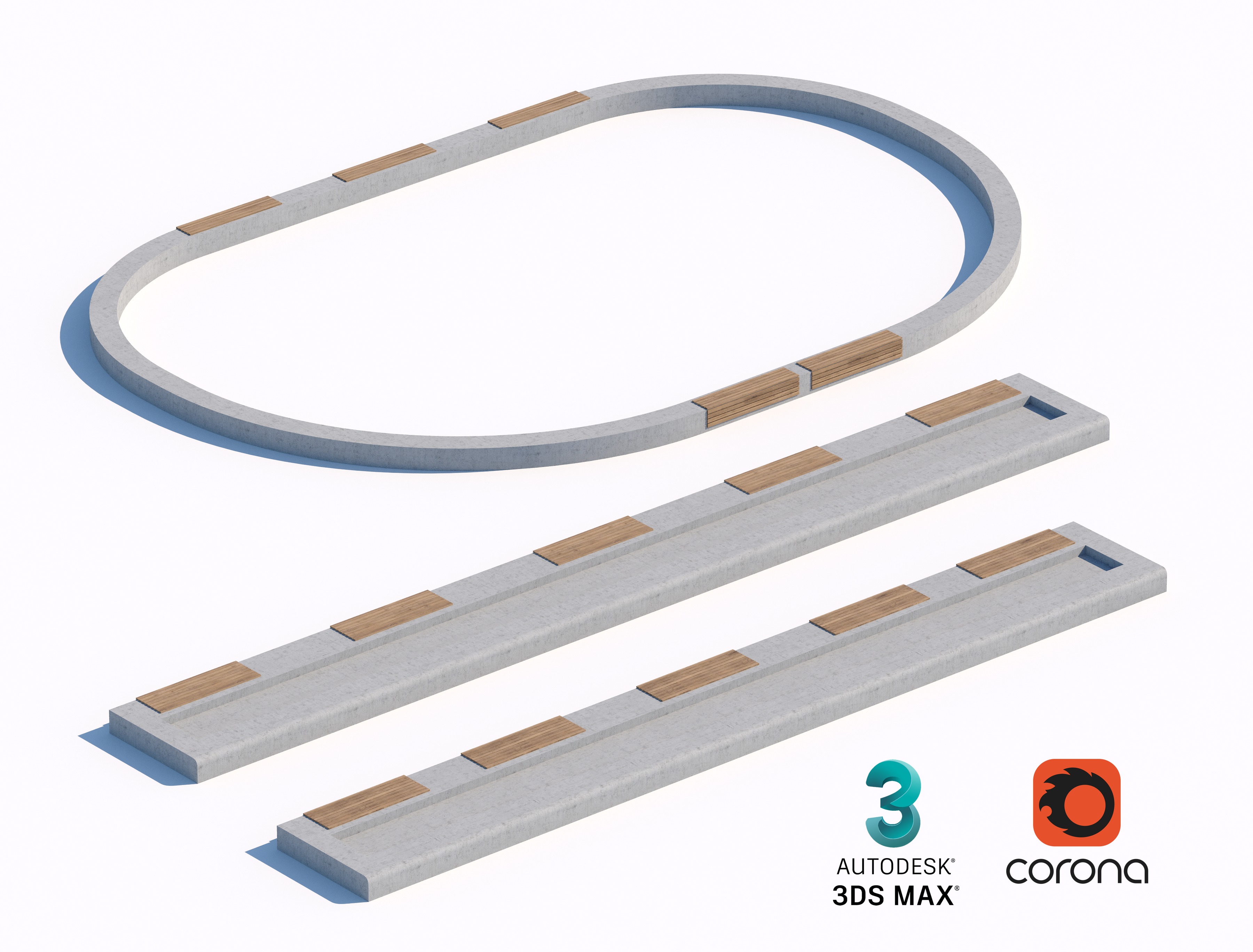 Concrete Bench Set with Integrated Wooden Seating 3D model_1