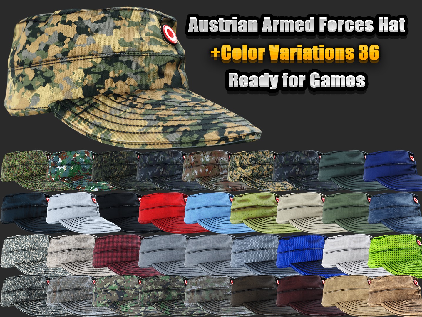 Austrian Armed Forces Hat 36 Color Variations Ready Games  Low-poly 3D model_3