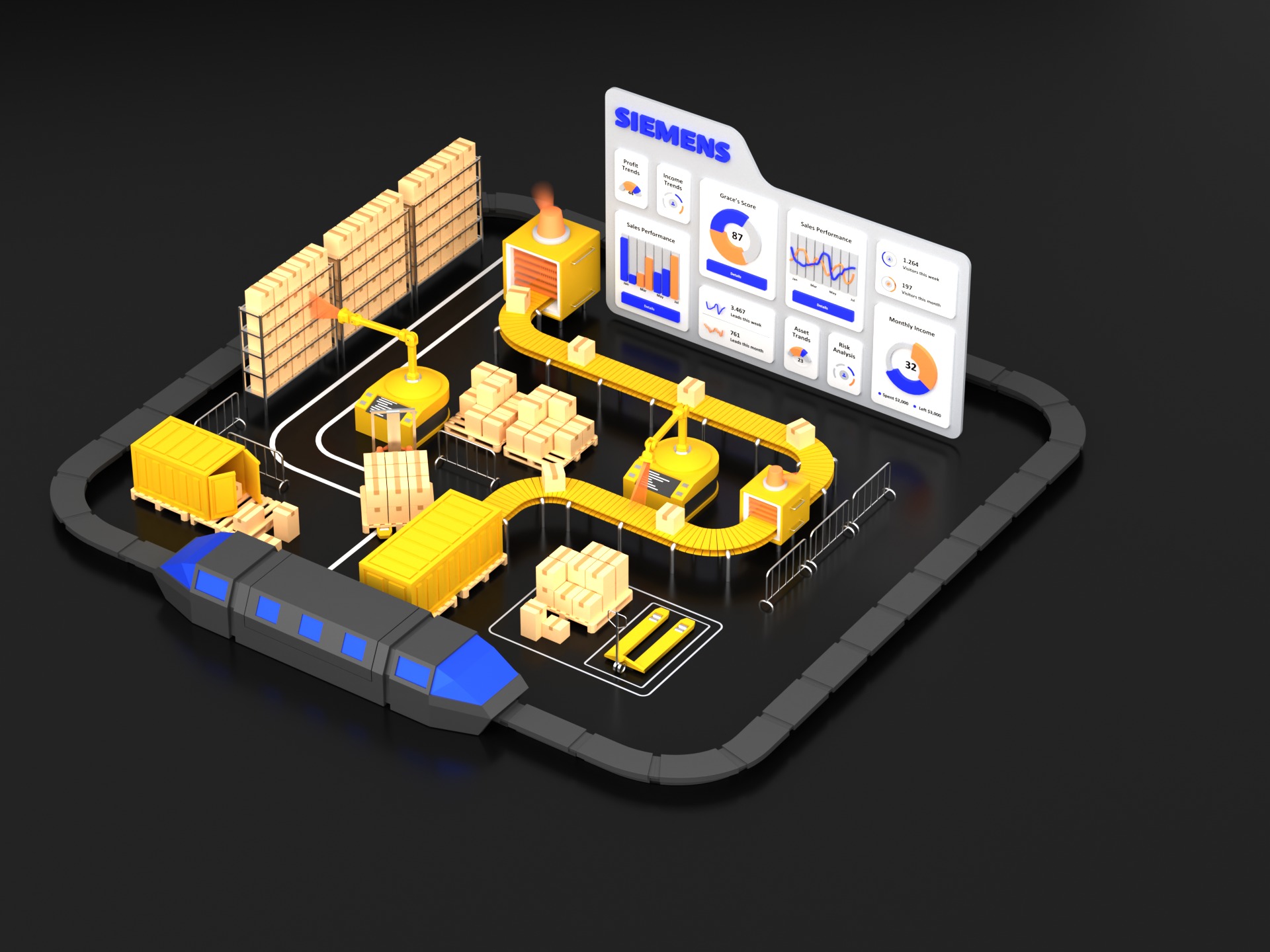 Lowpoly logistics hub warehouse with conveyors and dashboard 3D model_14