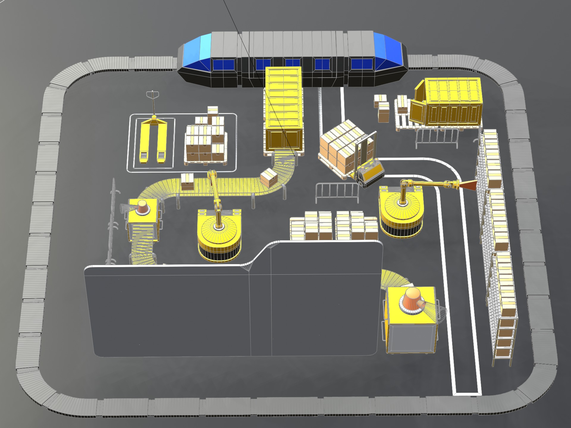 Lowpoly logistics hub warehouse with conveyors and dashboard 3D model_20