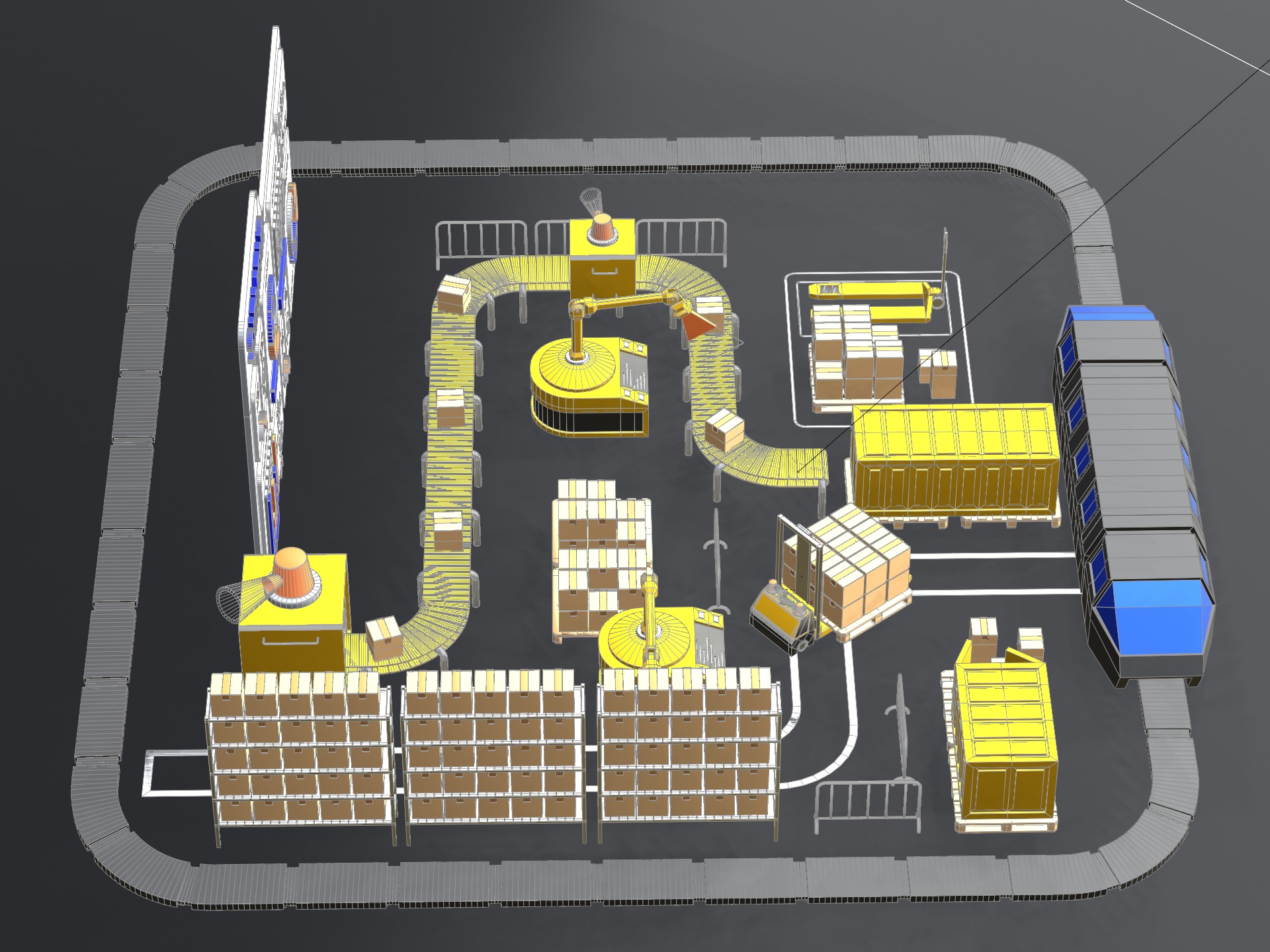 Lowpoly logistics hub warehouse with conveyors and dashboard 3D model_21