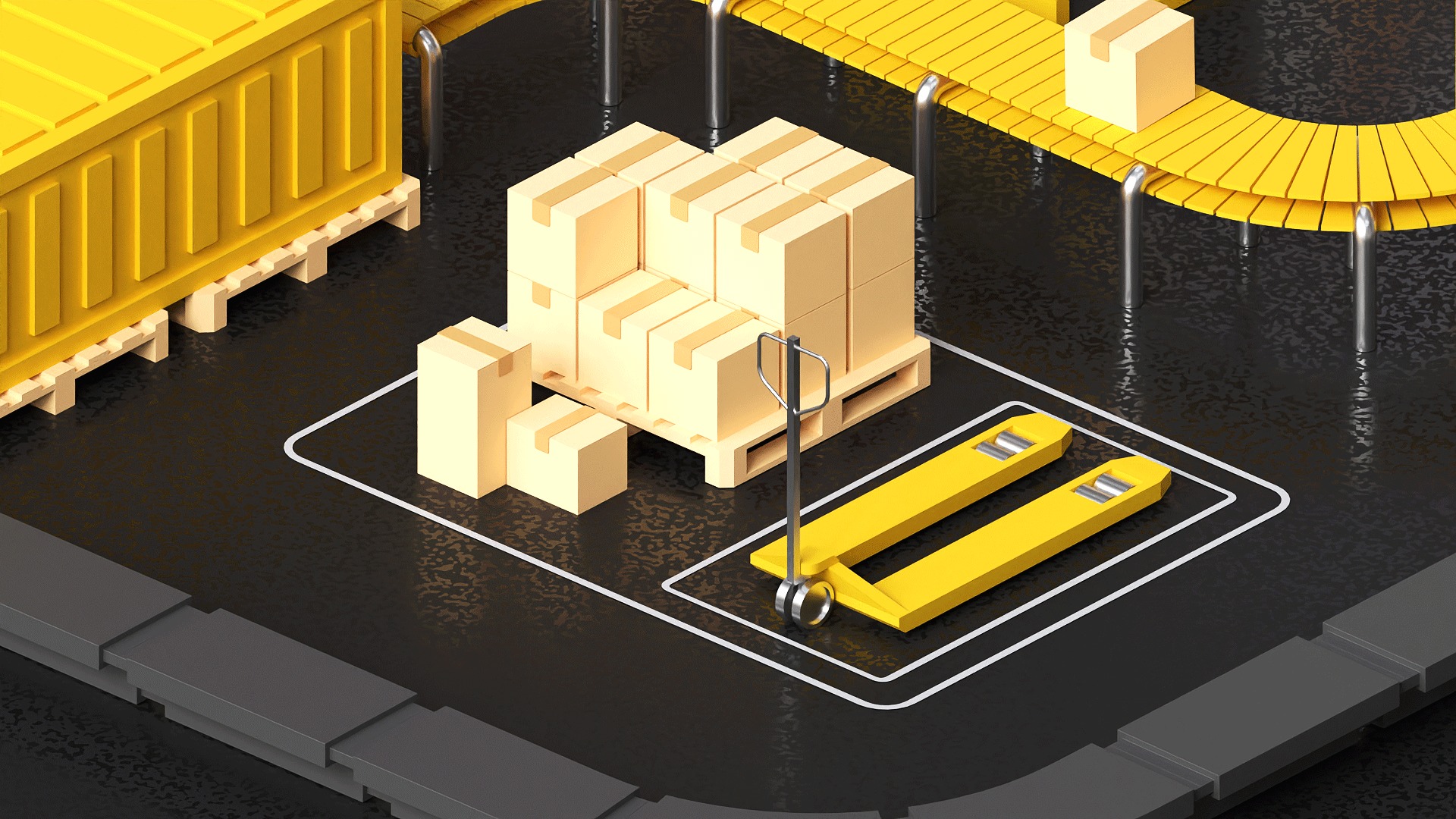 Lowpoly logistics hub warehouse with conveyors and dashboard 3D model_7