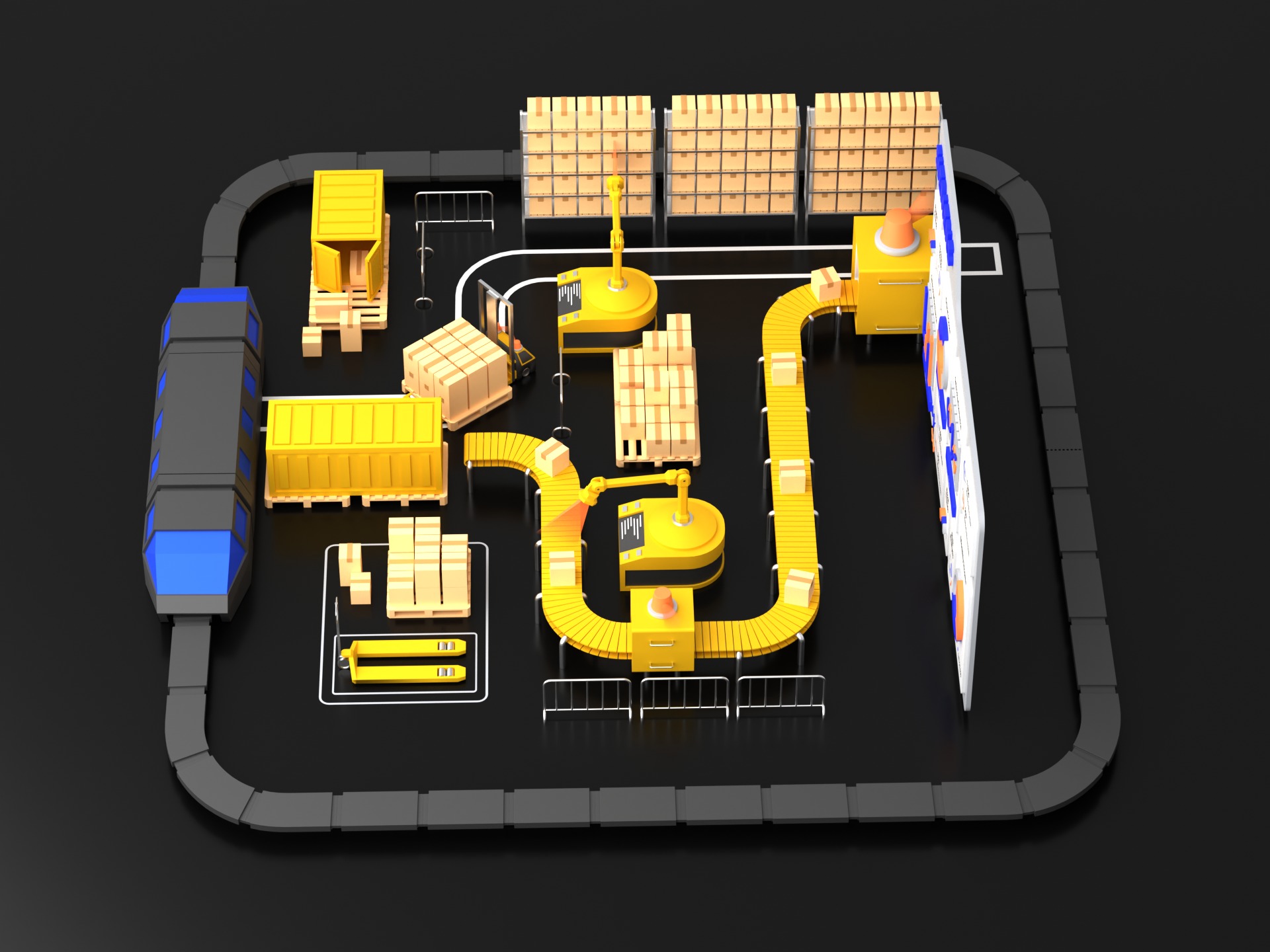 Lowpoly logistics hub warehouse with conveyors and dashboard 3D model_12