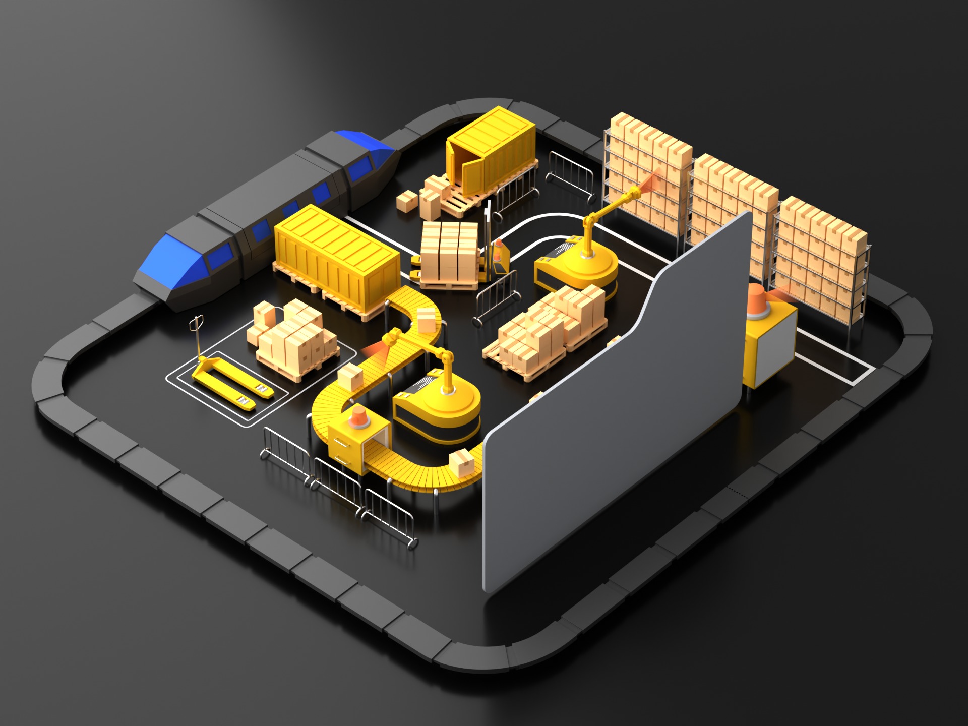 Lowpoly logistics hub warehouse with conveyors and dashboard 3D model_17