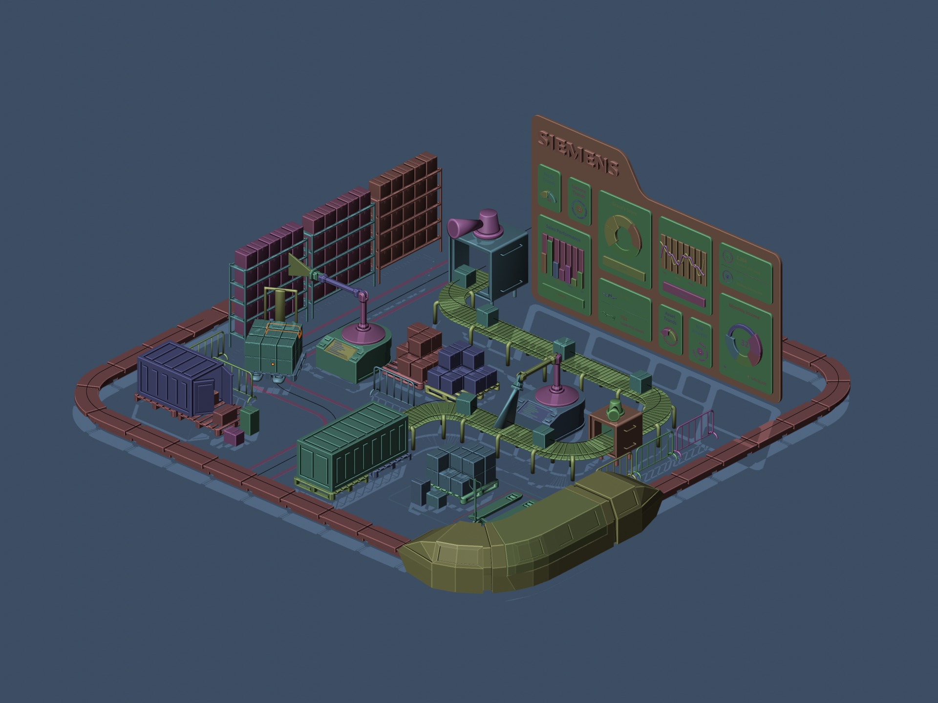 Lowpoly logistics hub warehouse with conveyors and dashboard 3D model_10
