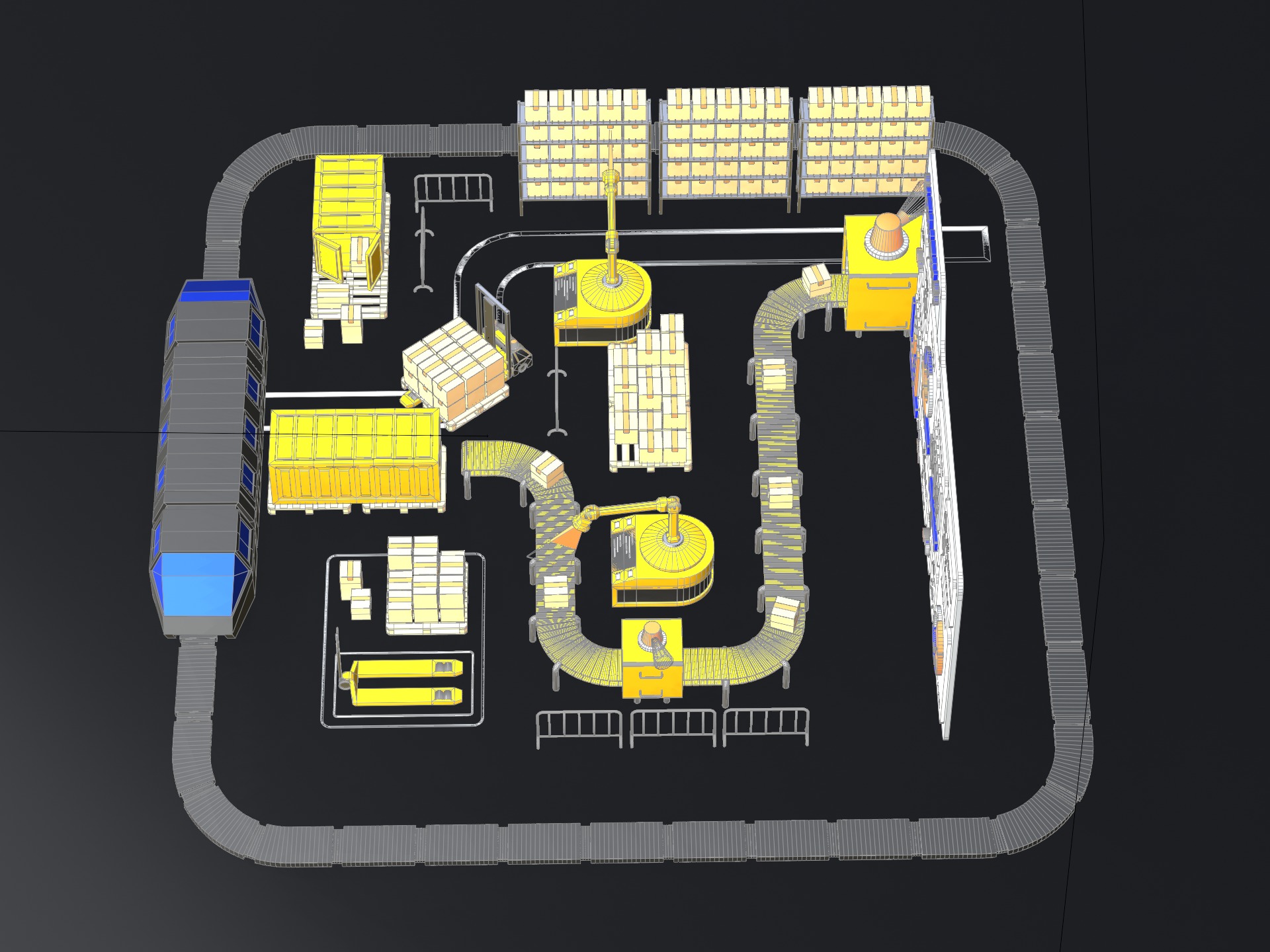 Lowpoly logistics hub warehouse with conveyors and dashboard 3D model_19