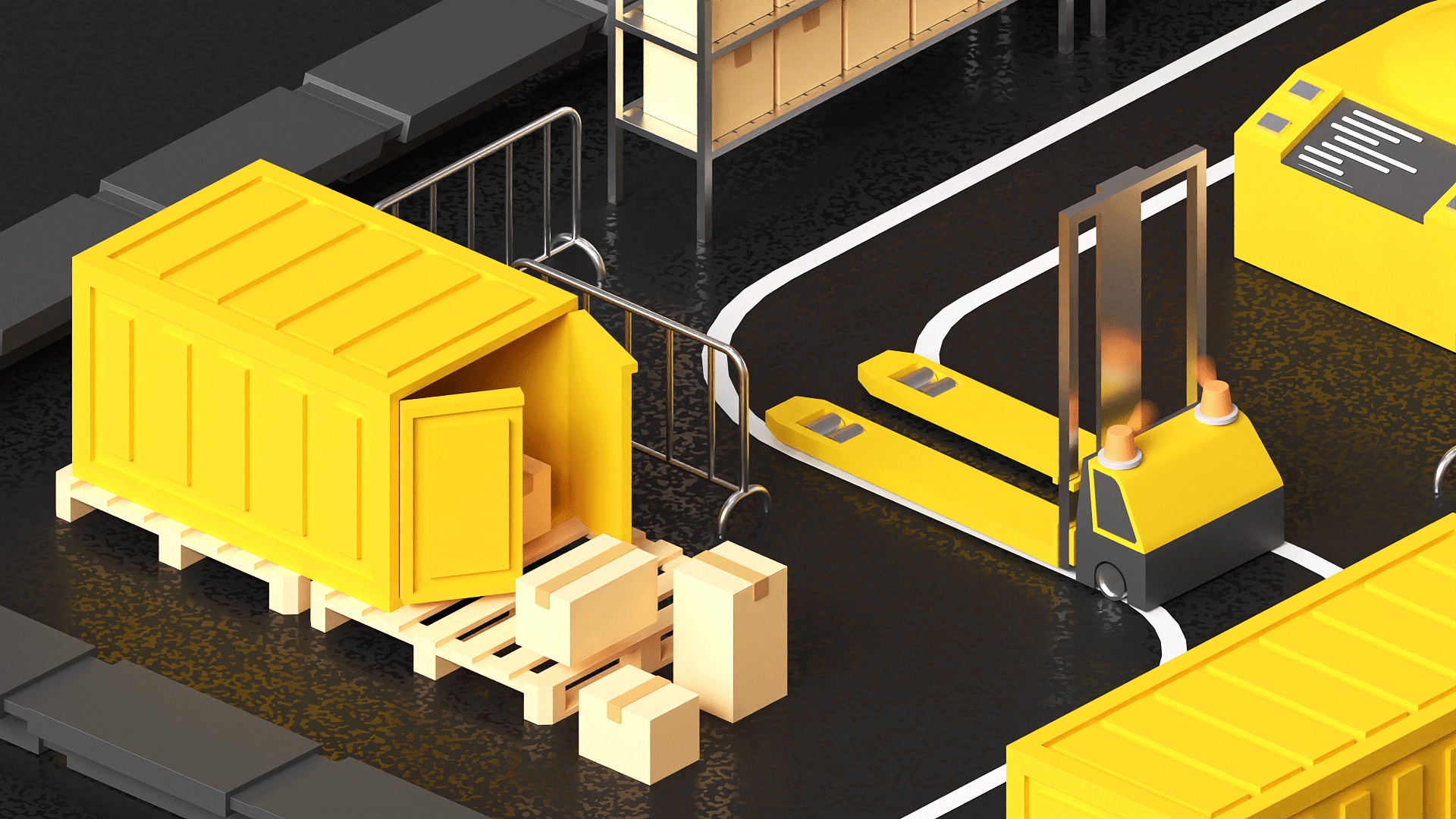 Lowpoly logistics hub warehouse with conveyors and dashboard 3D model_6