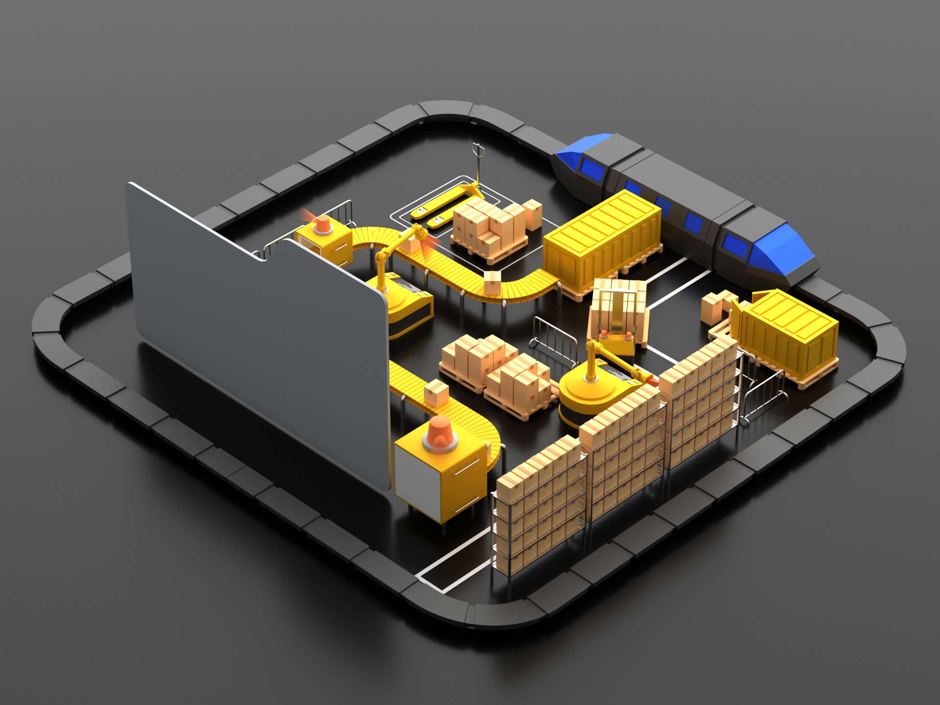 Lowpoly logistics hub warehouse with conveyors and dashboard 3D model_15