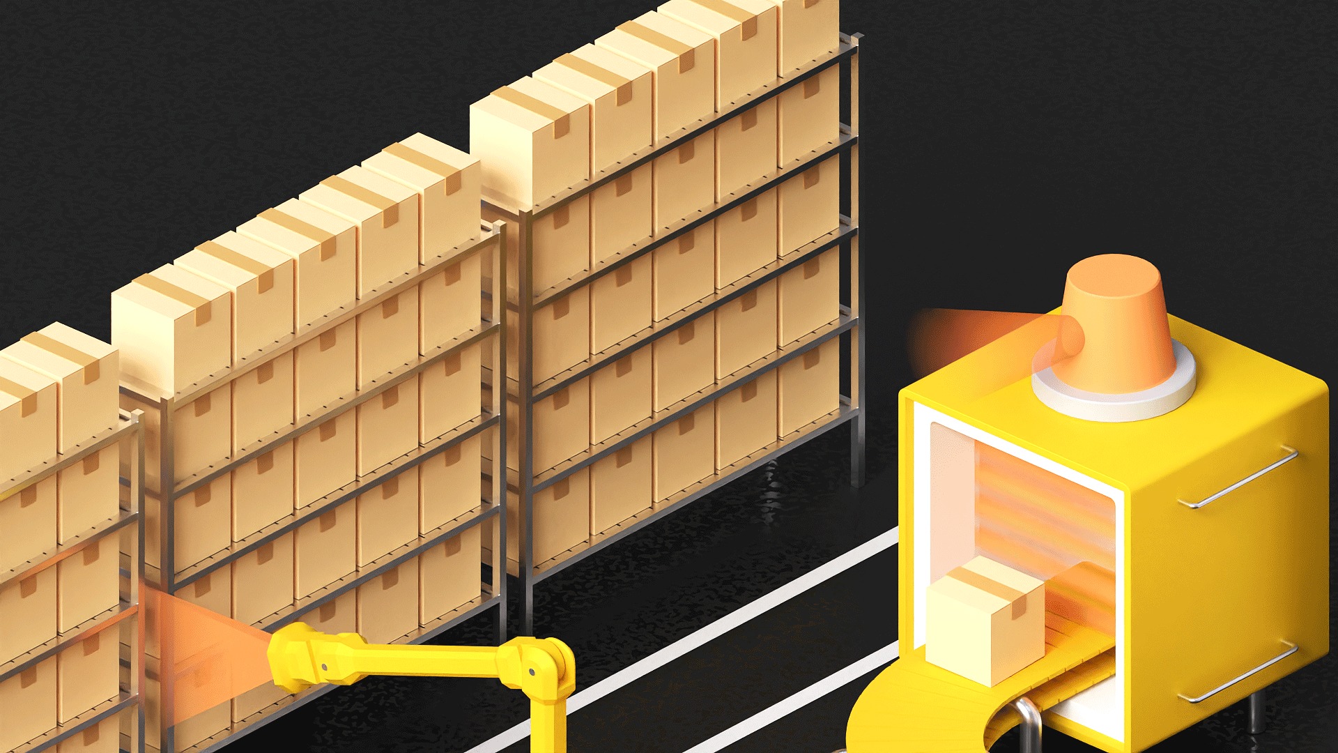 Lowpoly logistics hub warehouse with conveyors and dashboard 3D model_5