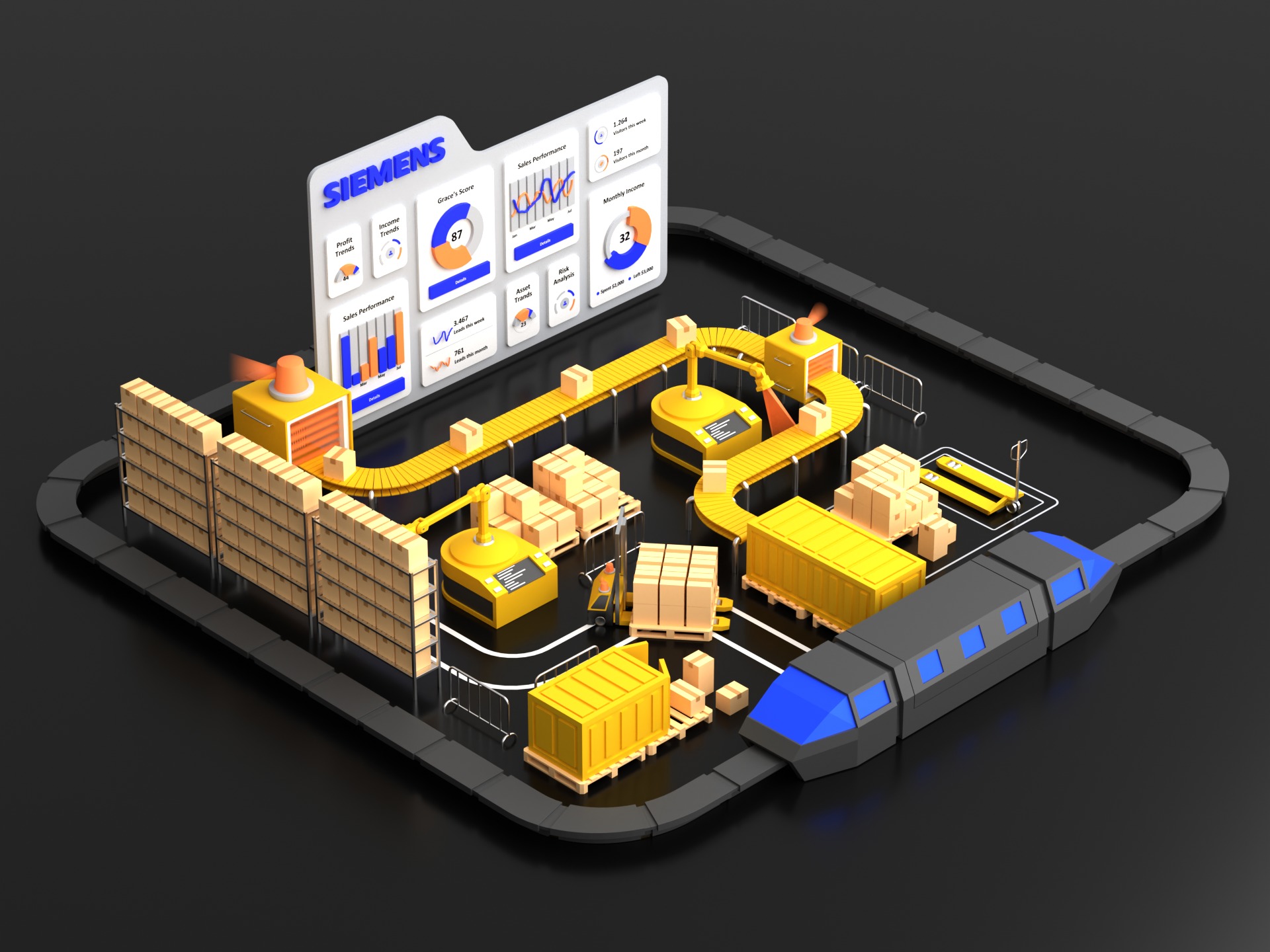 Lowpoly logistics hub warehouse with conveyors and dashboard 3D model_16