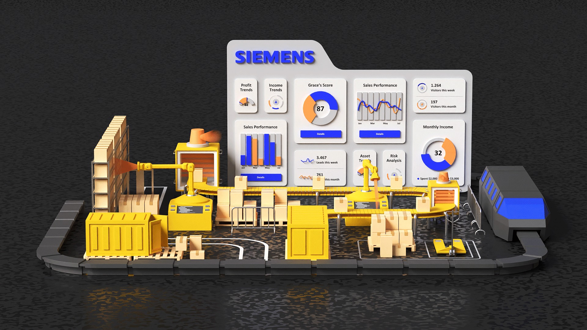 Lowpoly logistics hub warehouse with conveyors and dashboard 3D model_2