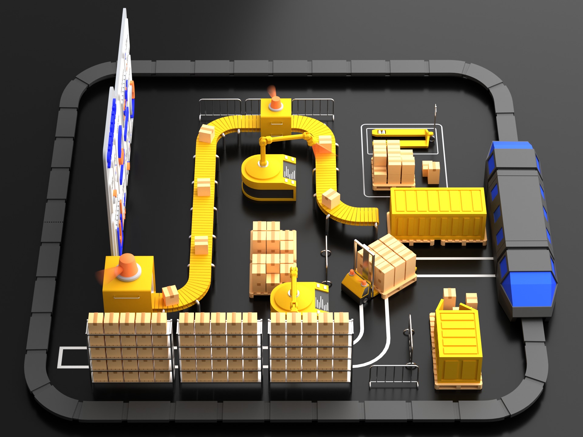Lowpoly logistics hub warehouse with conveyors and dashboard 3D model_13