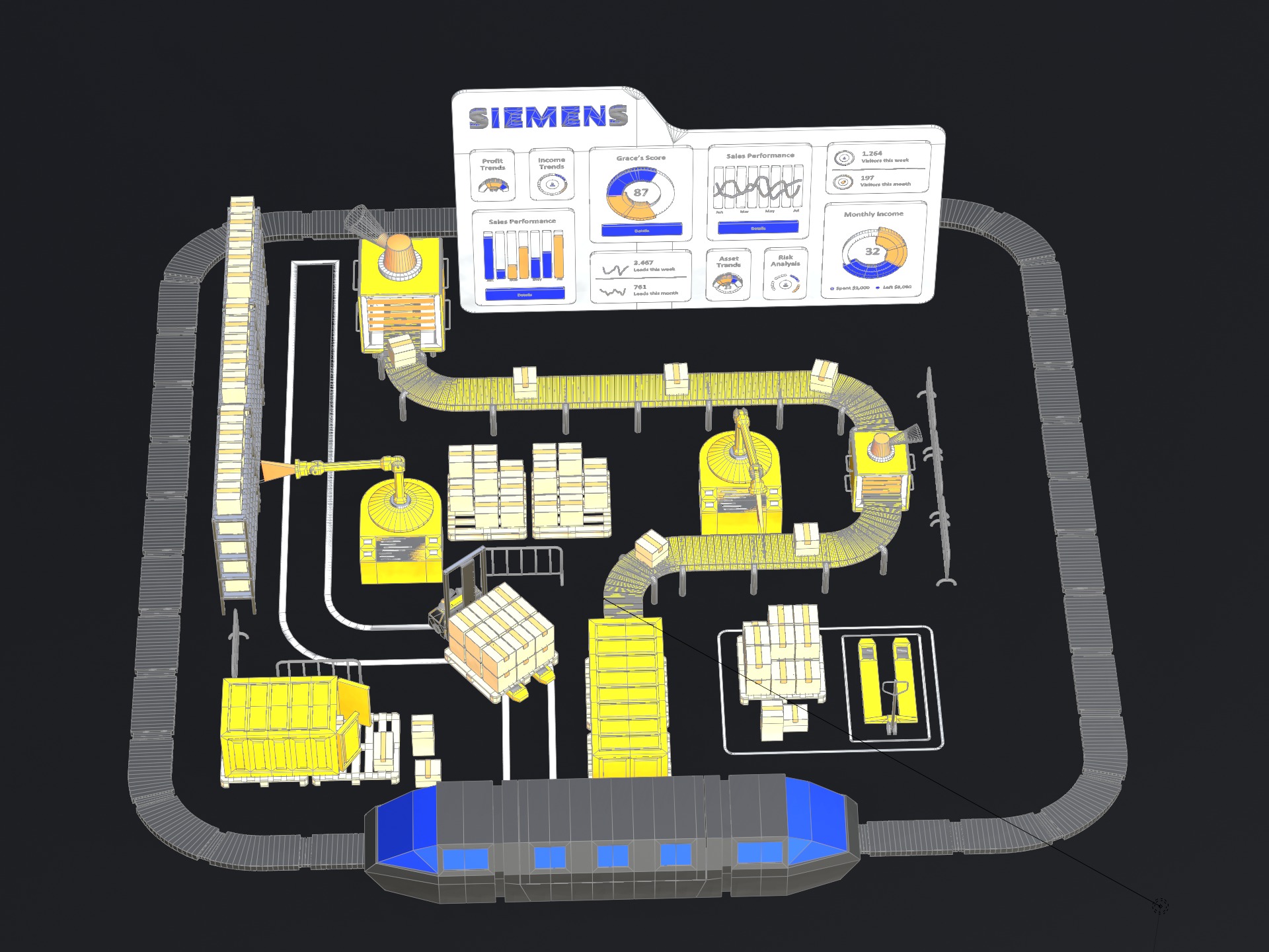 Lowpoly logistics hub warehouse with conveyors and dashboard 3D model_18