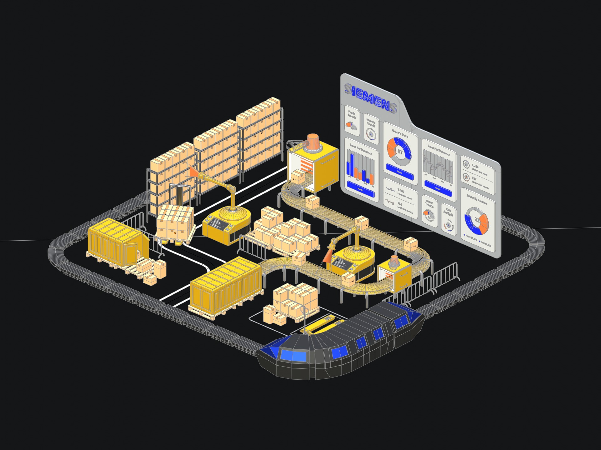 Lowpoly logistics hub warehouse with conveyors and dashboard 3D model_9