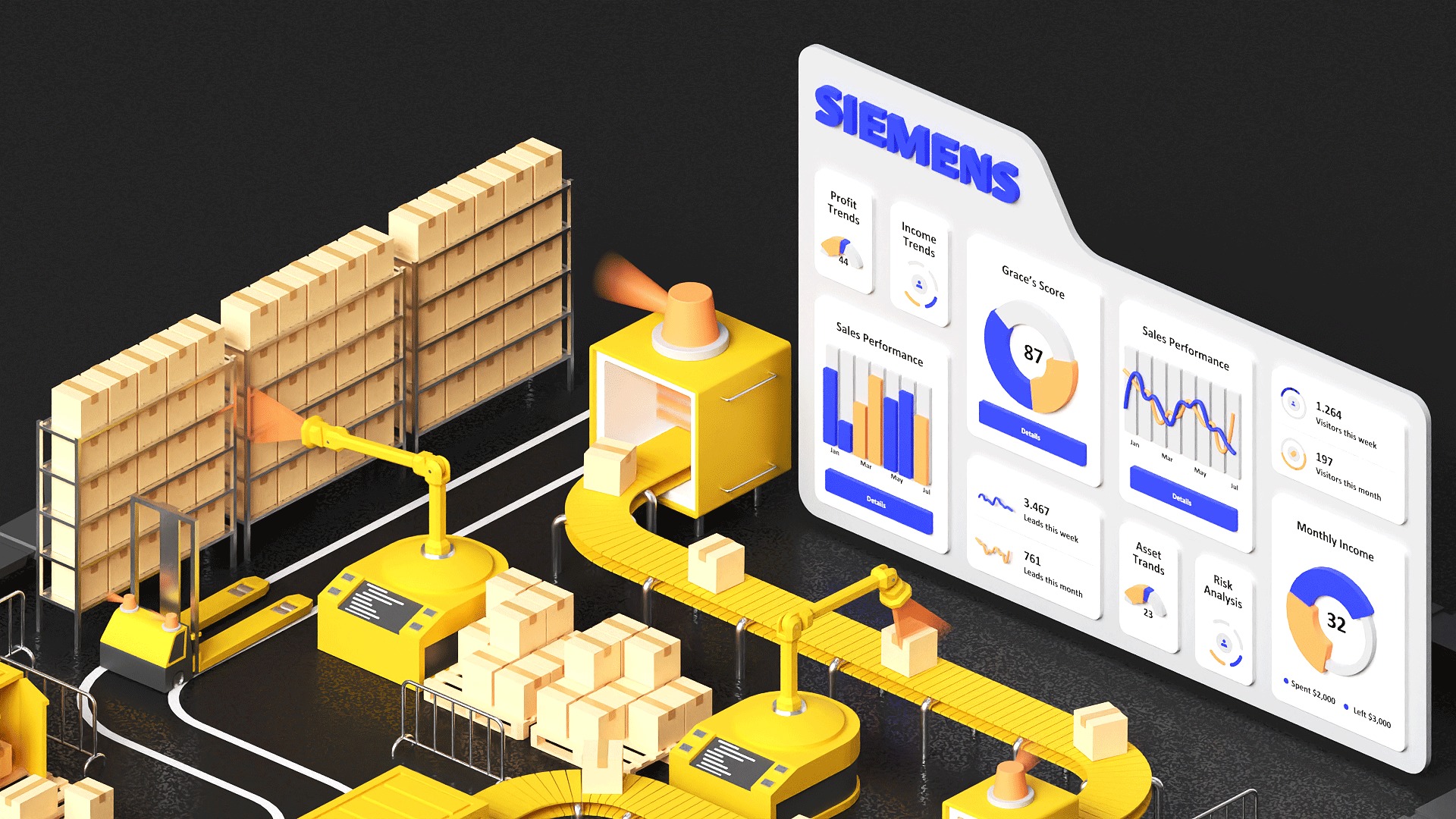 Lowpoly logistics hub warehouse with conveyors and dashboard 3D model_4