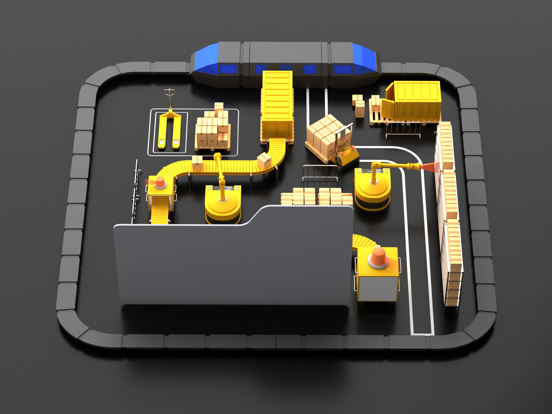 Lowpoly logistics hub warehouse with conveyors and dashboard 3D model_11