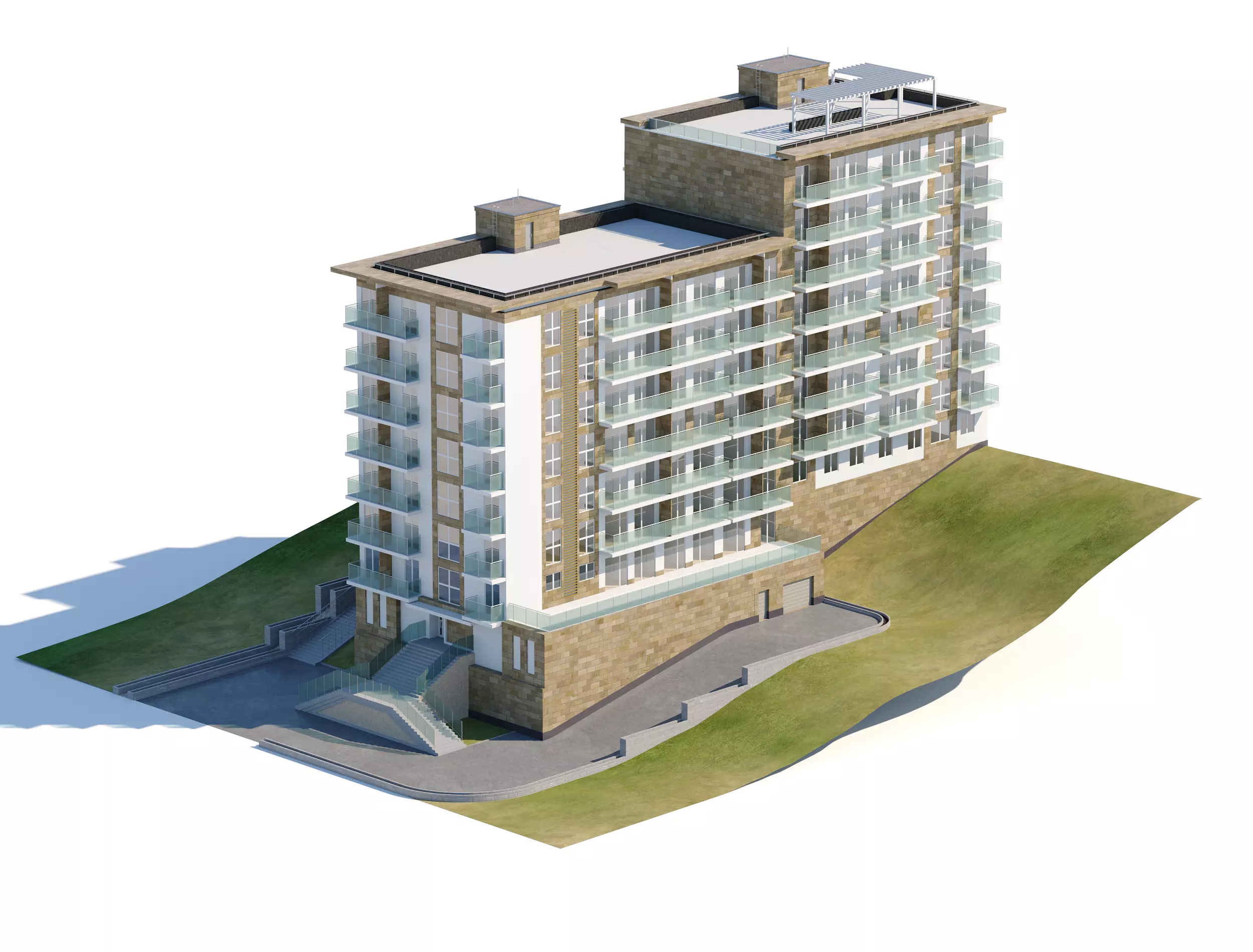 Modern Residential Apartment Building with Terrain 3D model_0