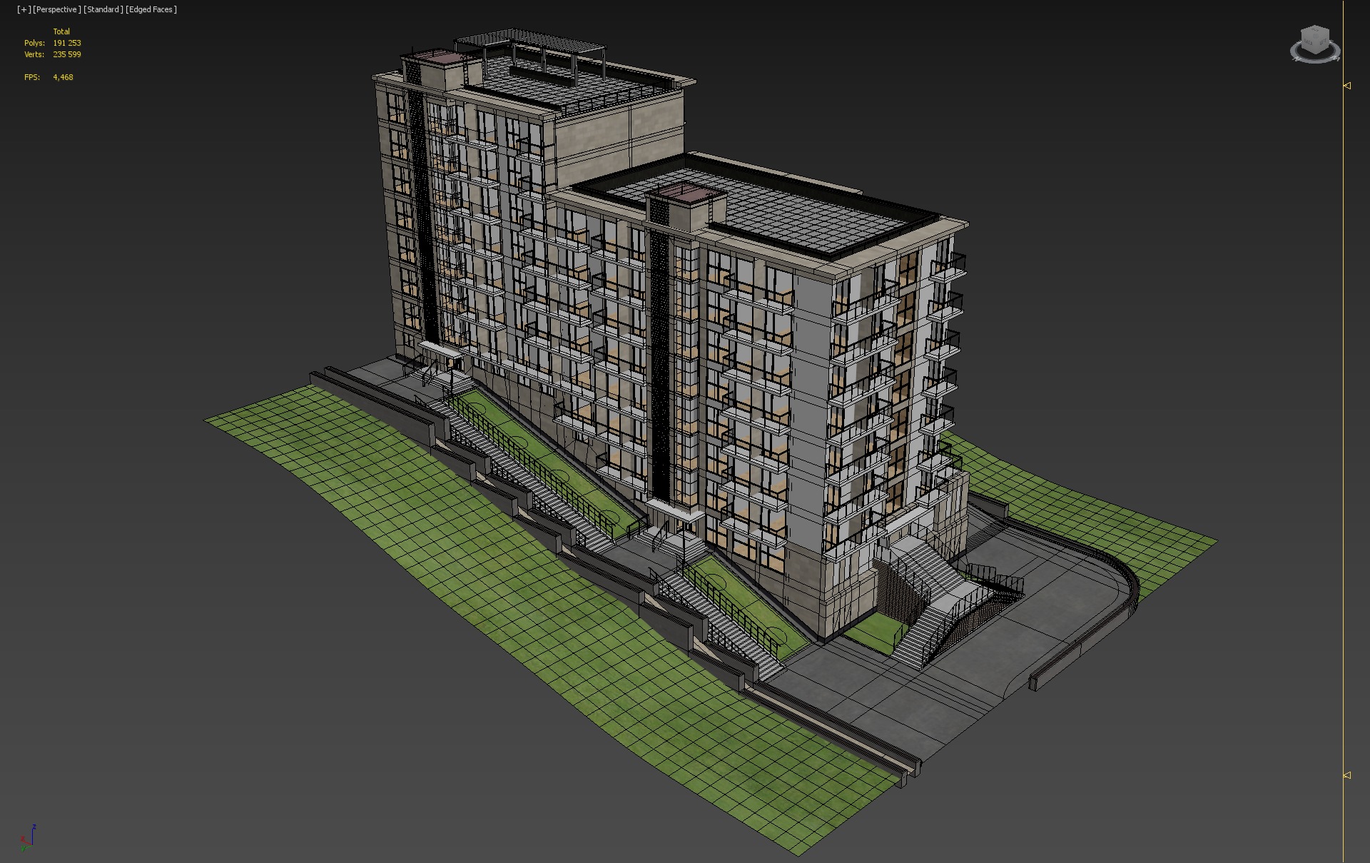 Modern Residential Apartment Building with Terrain 3D model_3