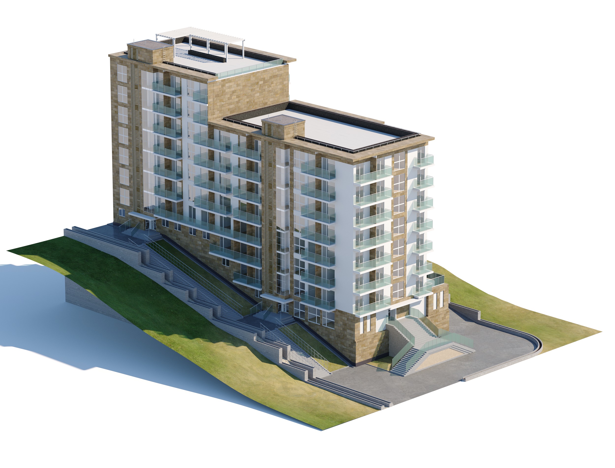 Modern Residential Apartment Building with Terrain 3D model_1