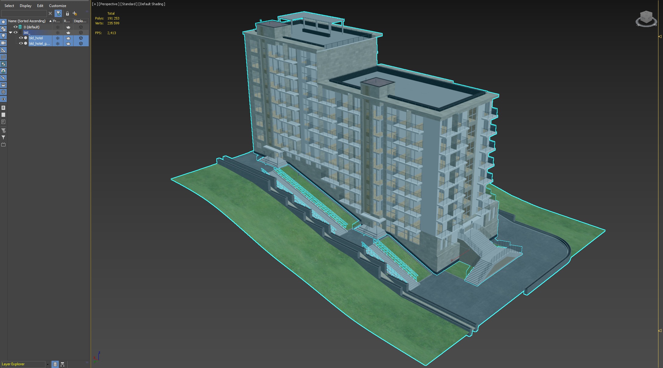 Modern Residential Apartment Building with Terrain 3D model_2