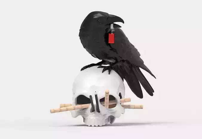 Skull Pen Holder with Crow Key Hook Functional Desk Accessory