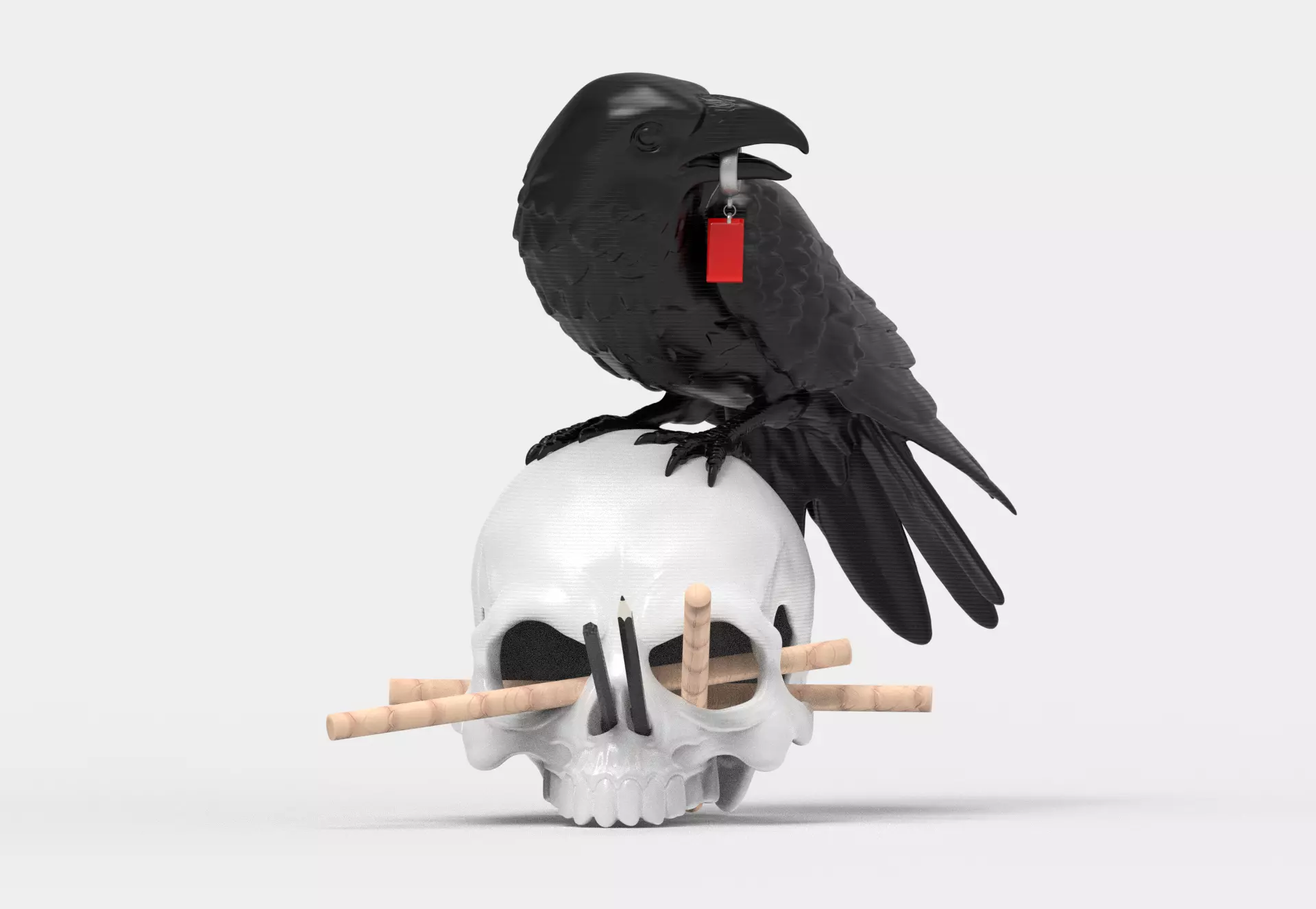 Skull Pen Holder with Crow Key Hook Functional Desk Accessory 3D print model_0