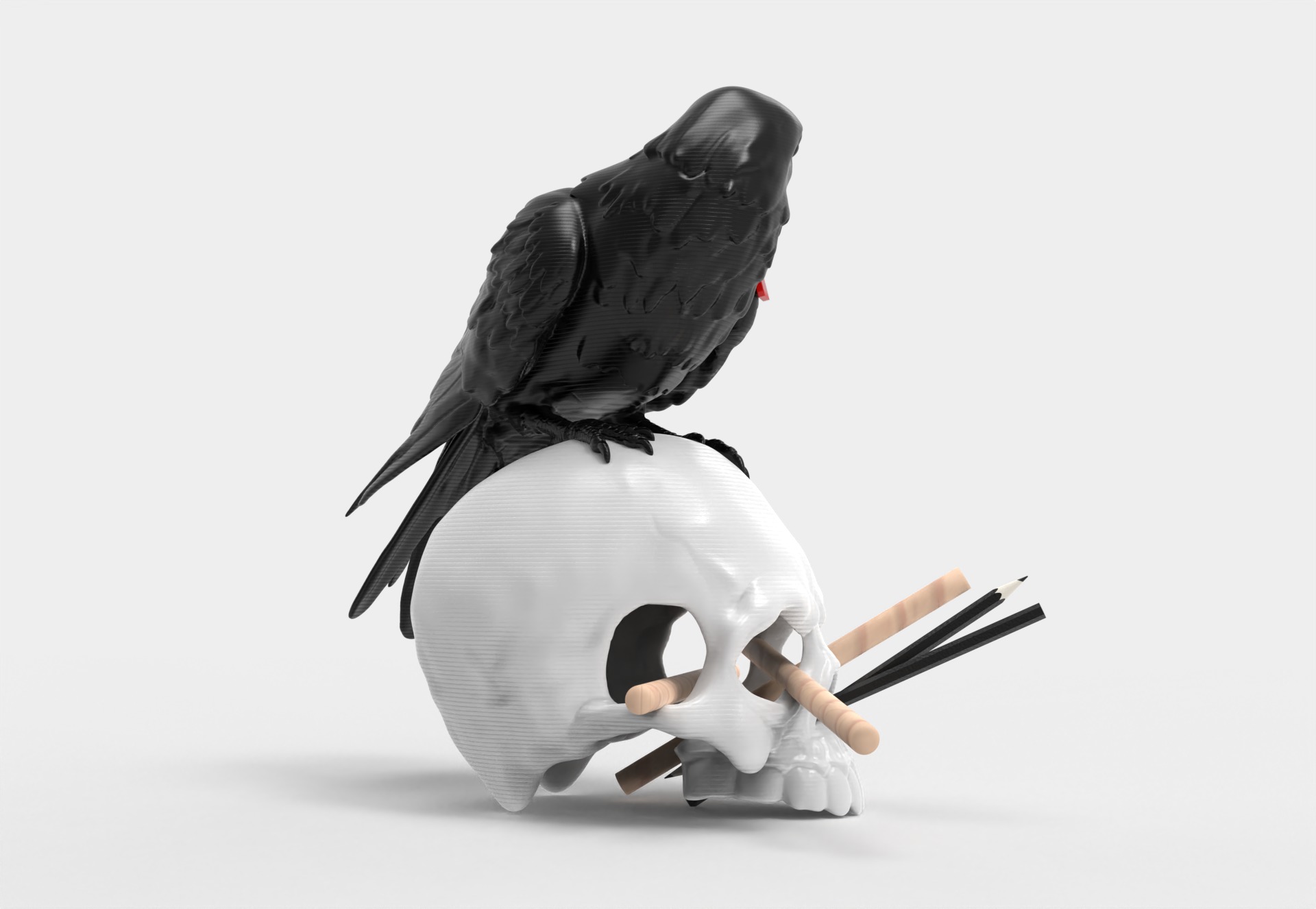 Skull Pen Holder with Crow Key Hook Functional Desk Accessory 3D print model_2