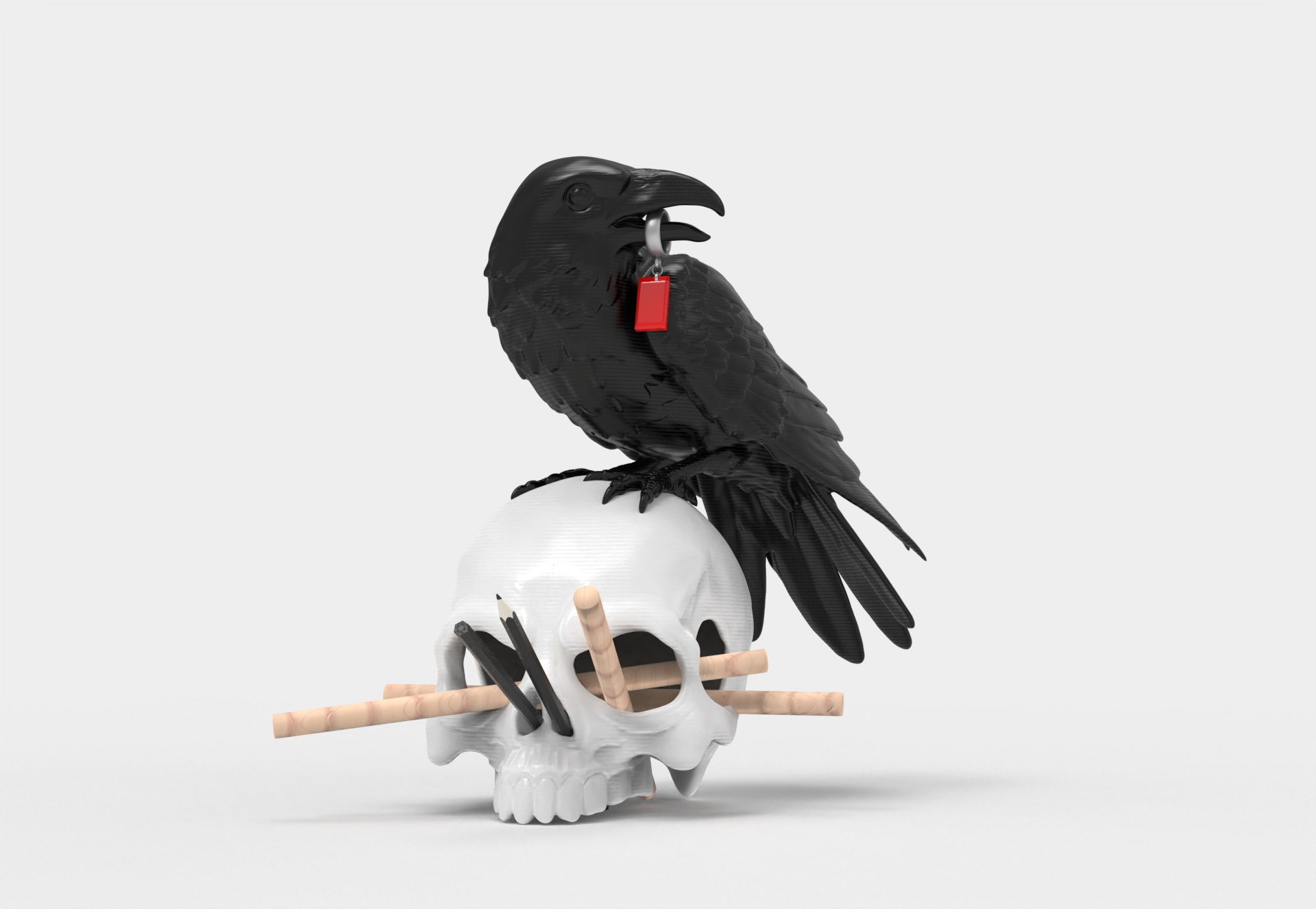 Skull Pen Holder with Crow Key Hook Functional Desk Accessory 3D print model_3
