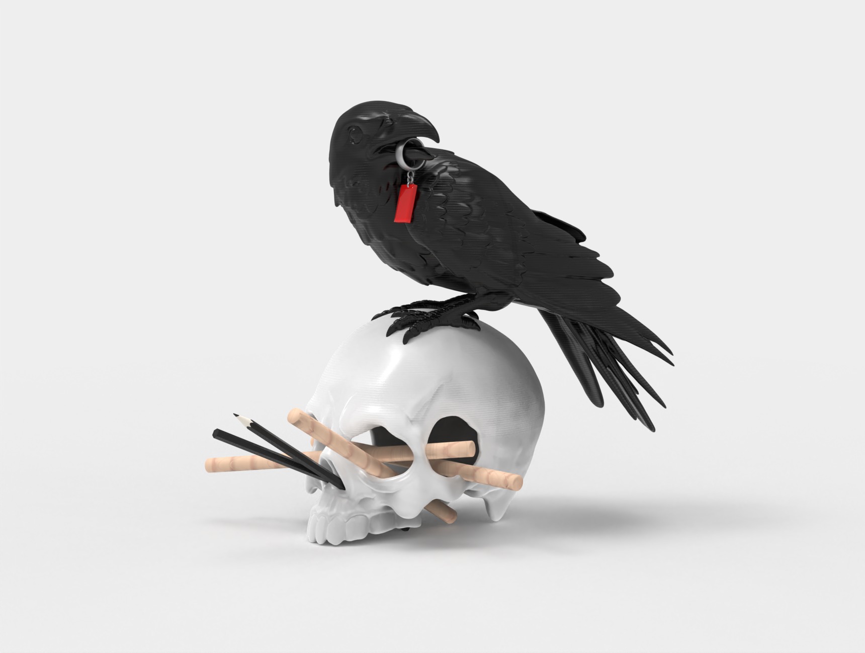 Skull Pen Holder with Crow Key Hook Functional Desk Accessory 3D print model_1
