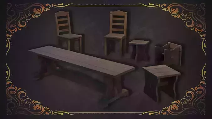Medieval chairs Low-polygon 3D model
