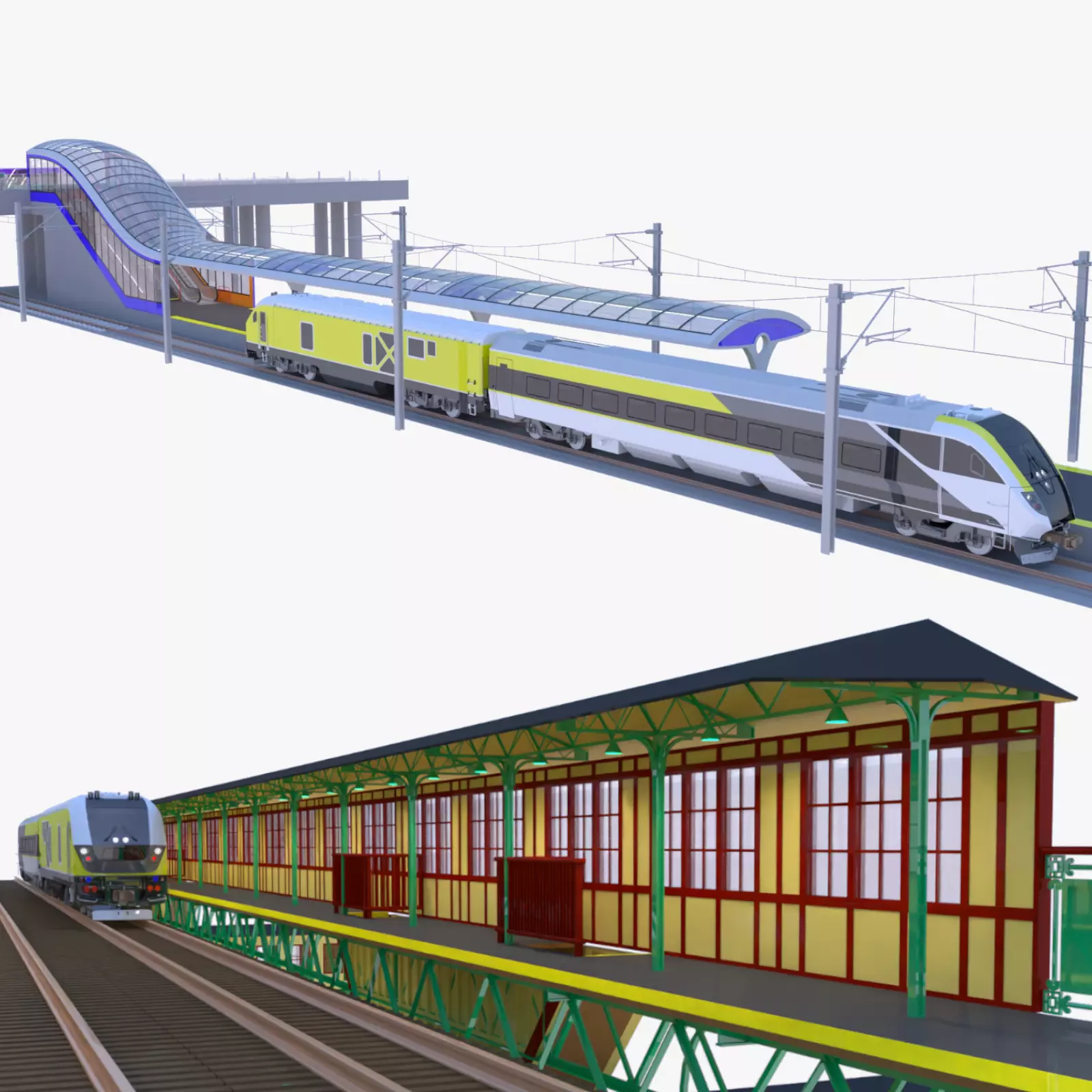 Stations with american train 3D Model Collection_0