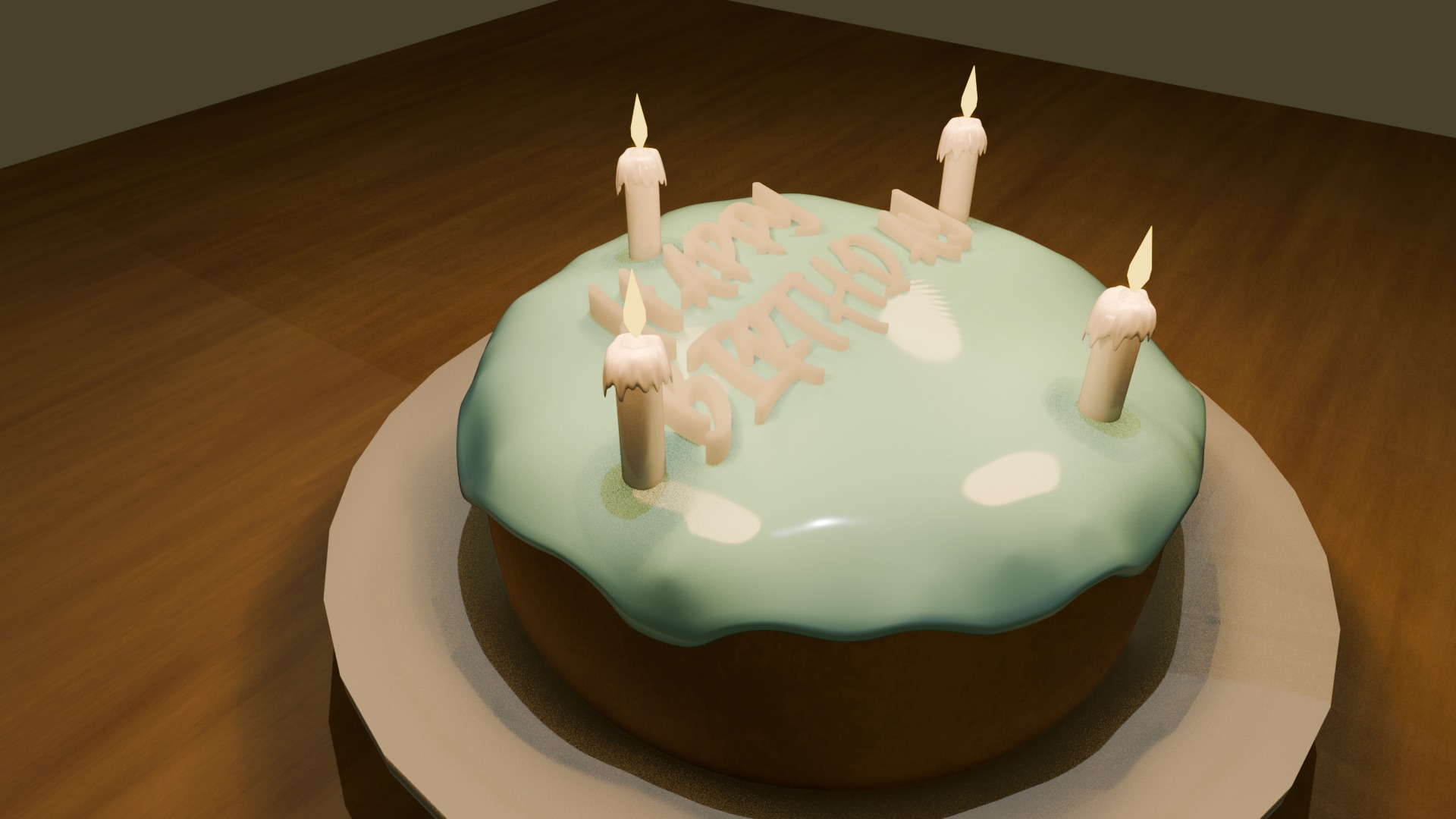 Birthday Cake Model with Happy Birthday Text and 4 Candles 3D model_3