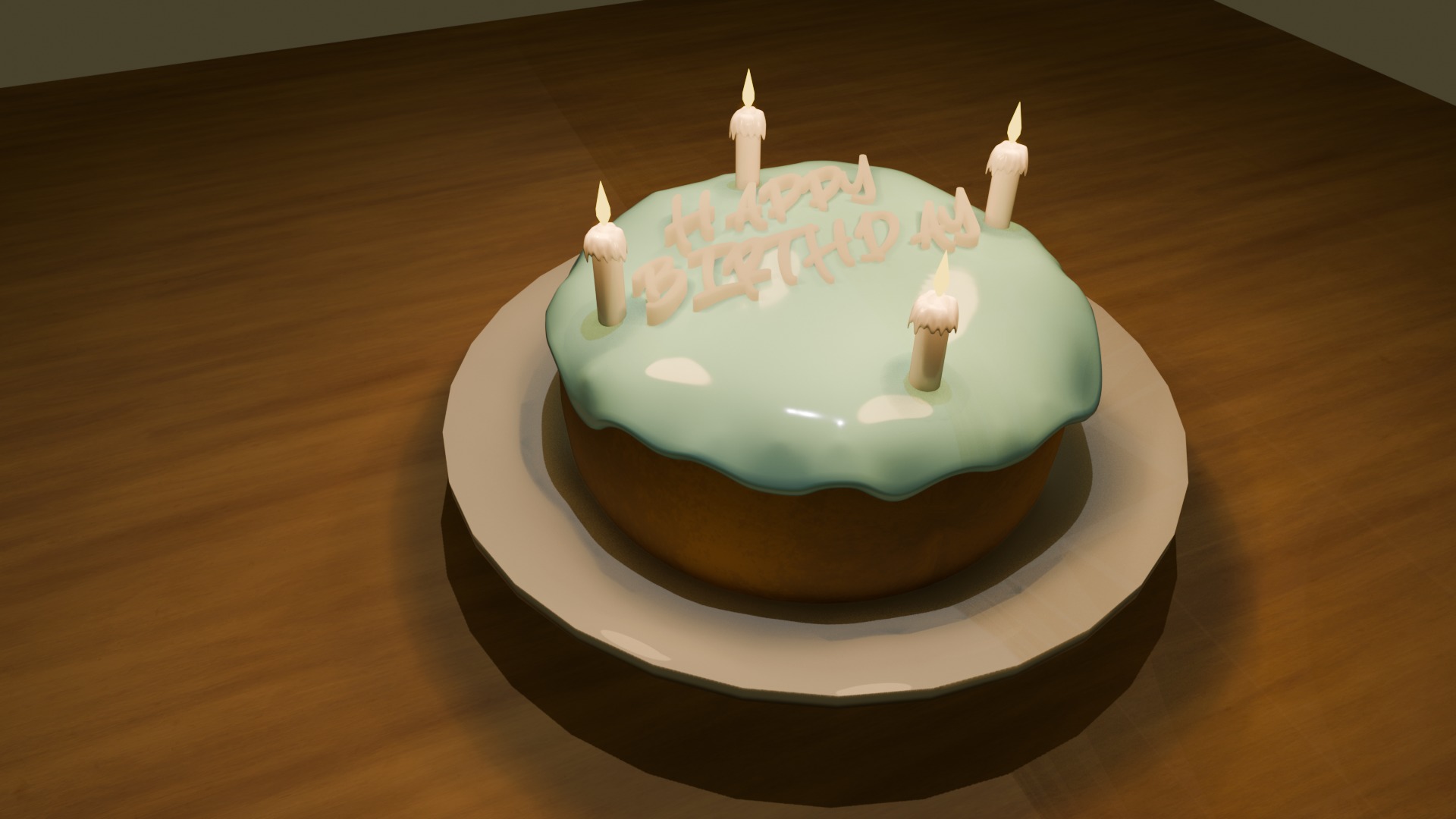 Birthday Cake Model with Happy Birthday Text and 4 Candles 3D model_1
