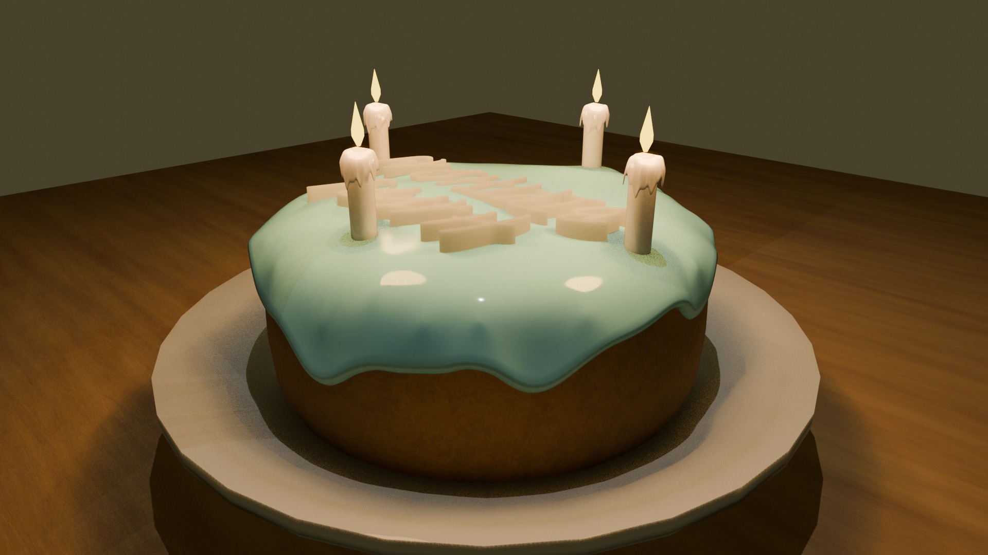 Birthday Cake Model with Happy Birthday Text and 4 Candles 3D model_4