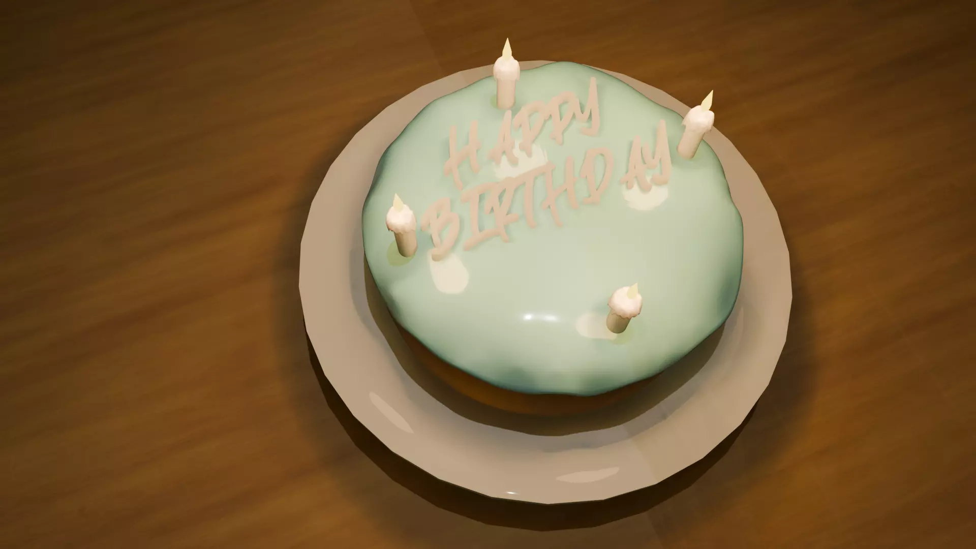 Birthday Cake Model with Happy Birthday Text and 4 Candles 3D model_0