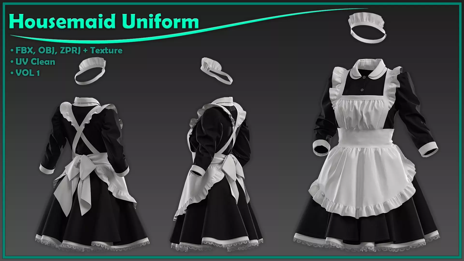 female housemaid uniform with texture 3D model_0