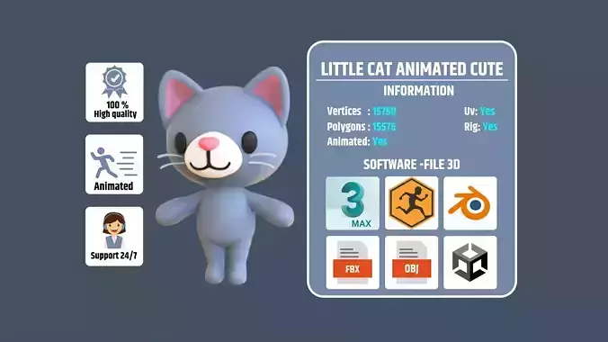 Little Cat Animated Cute 3D Models For Games And Animations Low-poly 3D model