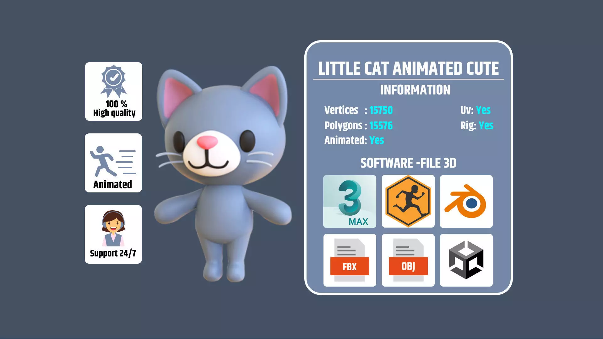 Little Cat Animated Cute 3D Models For Games And Animations Low-poly 3D model_0