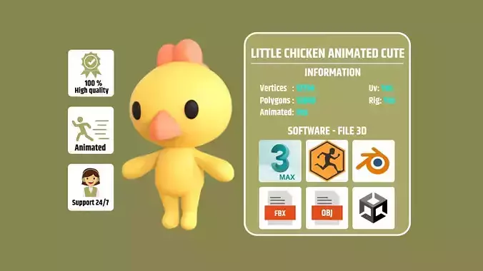 Little Chicken Animated Cute 3D Models For Games And Animations Low-poly 3D model