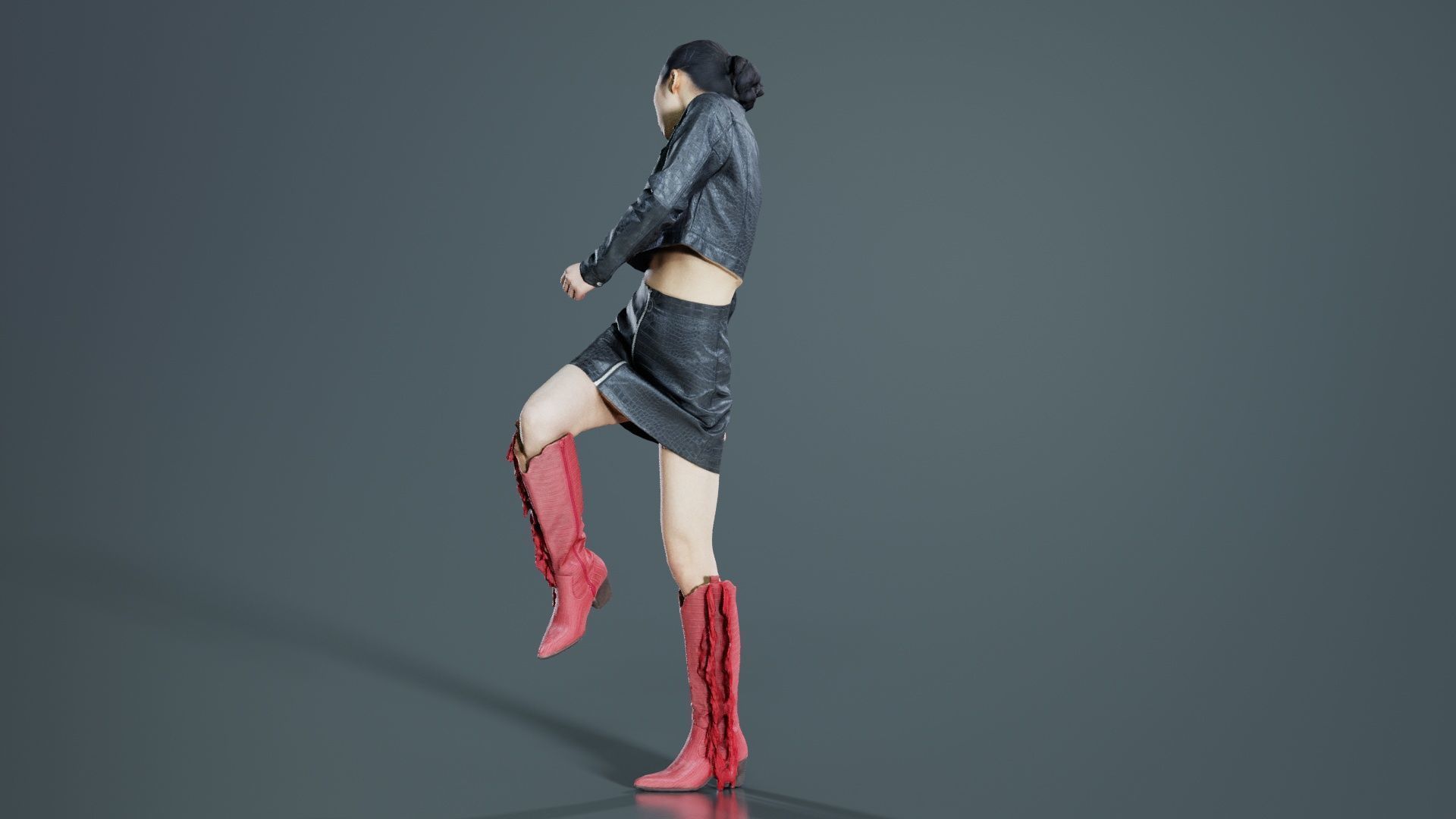 Asian Woman Wearing Black Crocodile Print Vinyl Outfit Low-poly 3D model_5