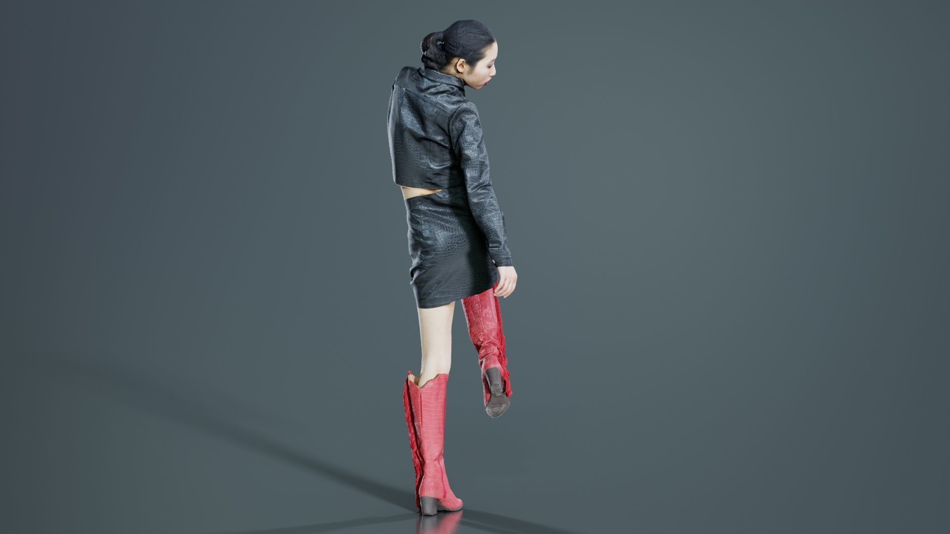 Asian Woman Wearing Black Crocodile Print Vinyl Outfit Low-poly 3D model_7